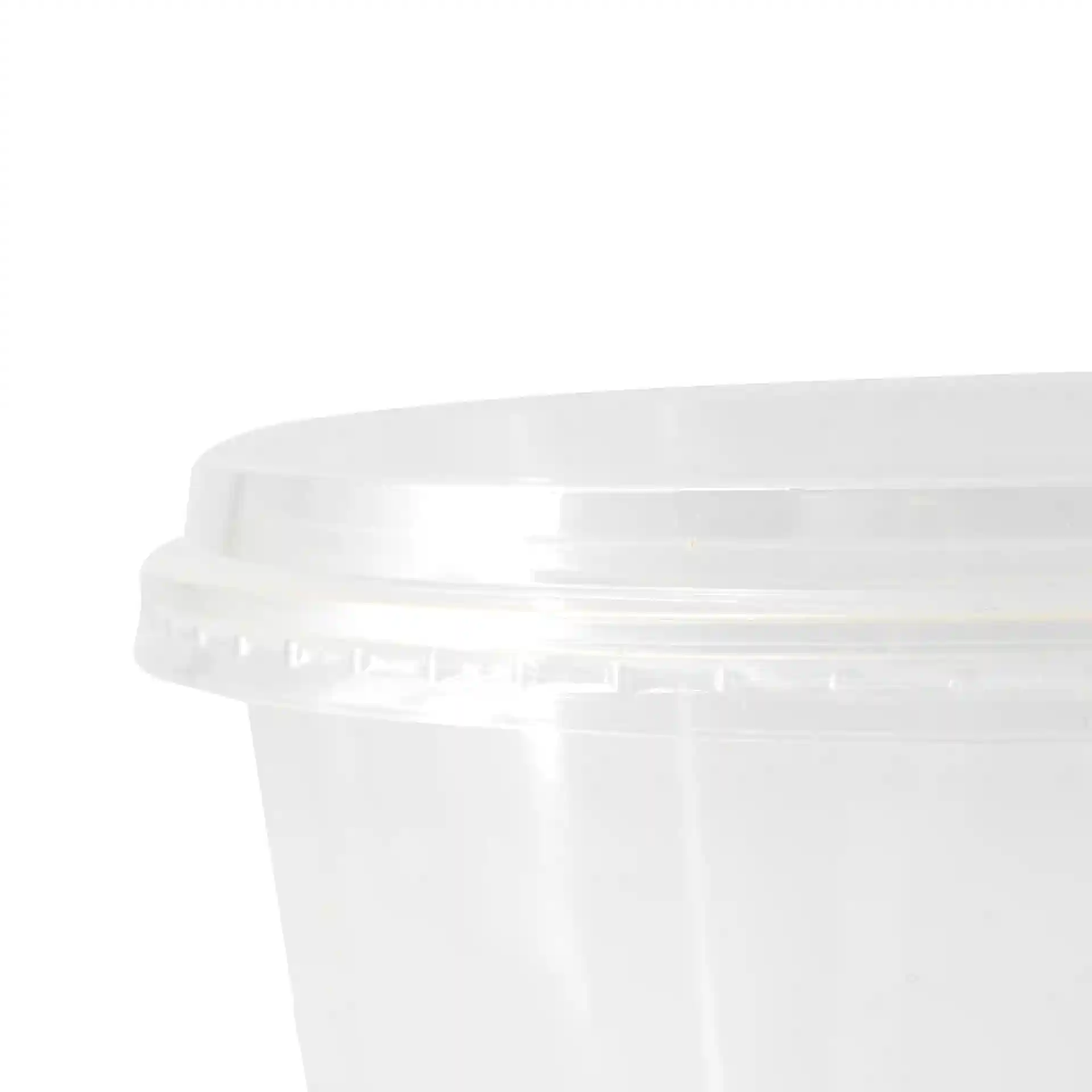 Transparent round PLA lid for deli cups, showing the top edge and part of the side.