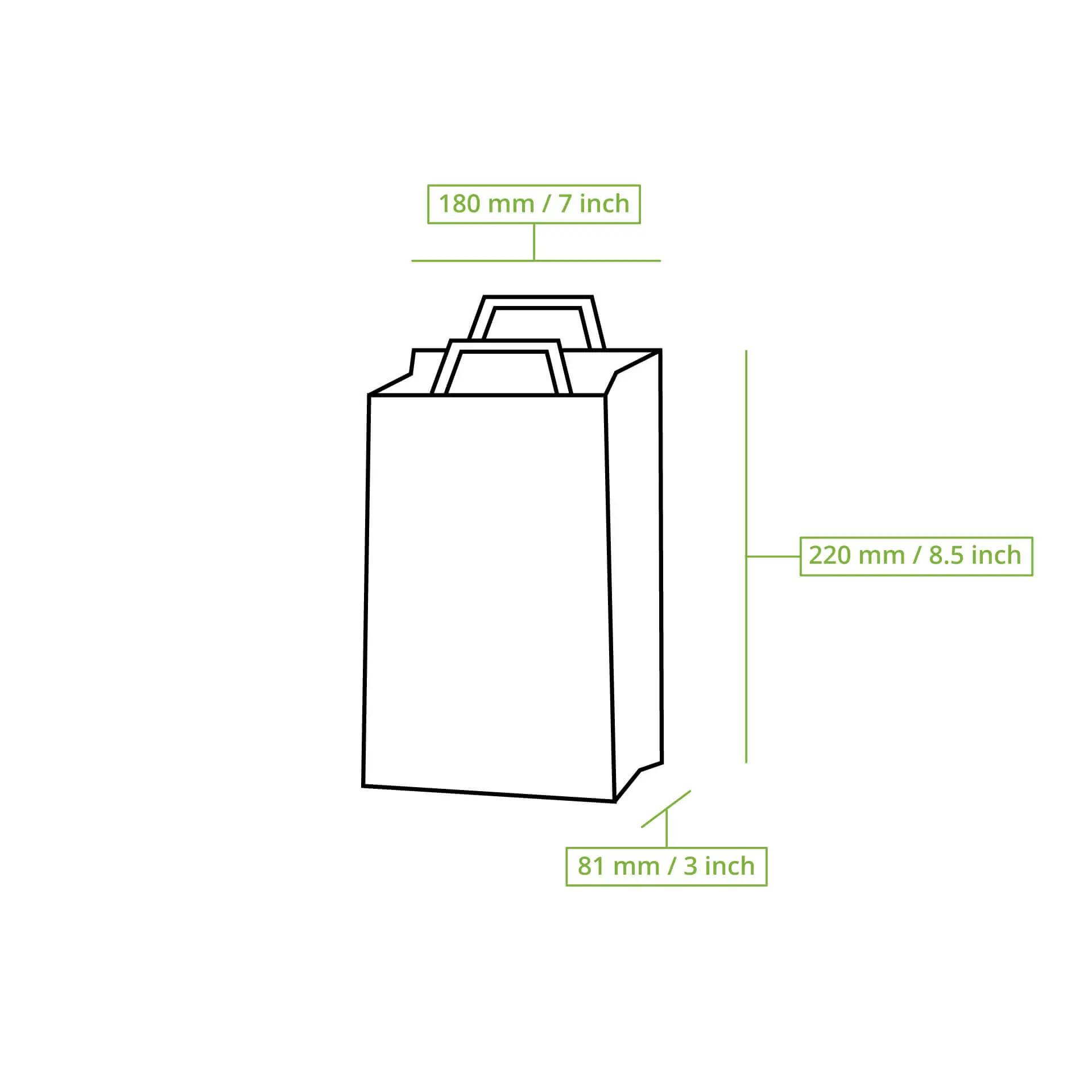 White paper carrier bag with dimensions 180 mm x 220 mm x 81 mm, tear-resistant design, suitable for shopping.