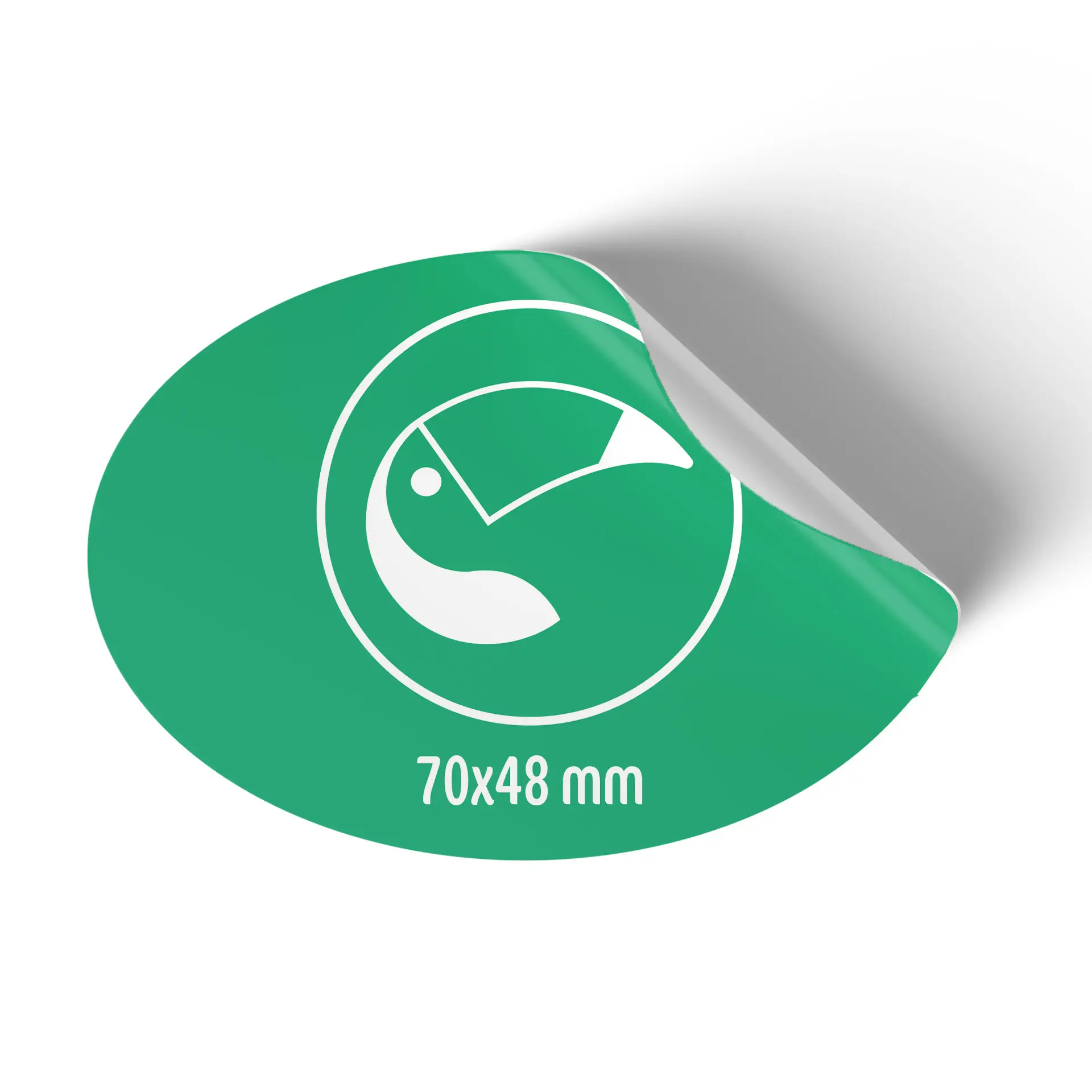 Oval printed label roll in white glossy, featuring a design with dimensions 70x48 mm, with a partially curled edge.
