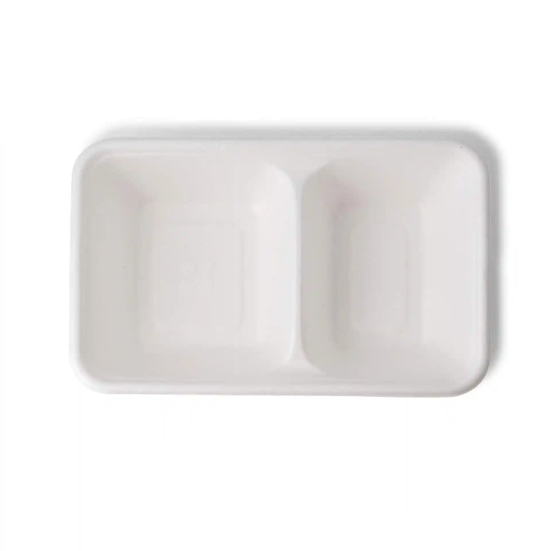 White rectangular tray with two compartments, made from sugarcane, measuring 23 x 14.5 x 5 cm.
