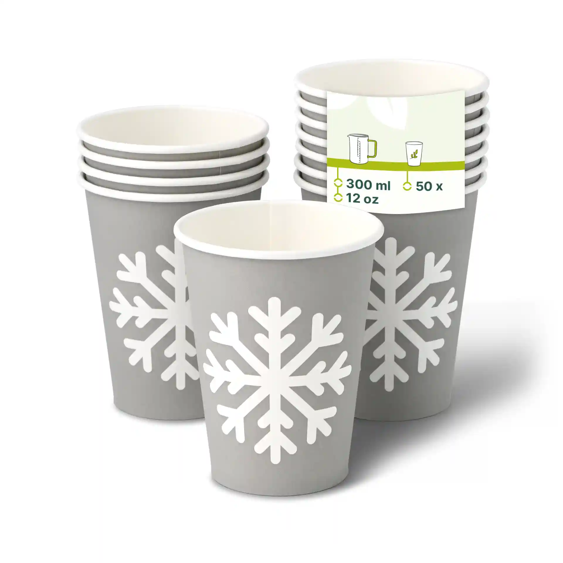 Grey paper cups with white snowflake design, 12 oz capacity, stacked with one cup in front.