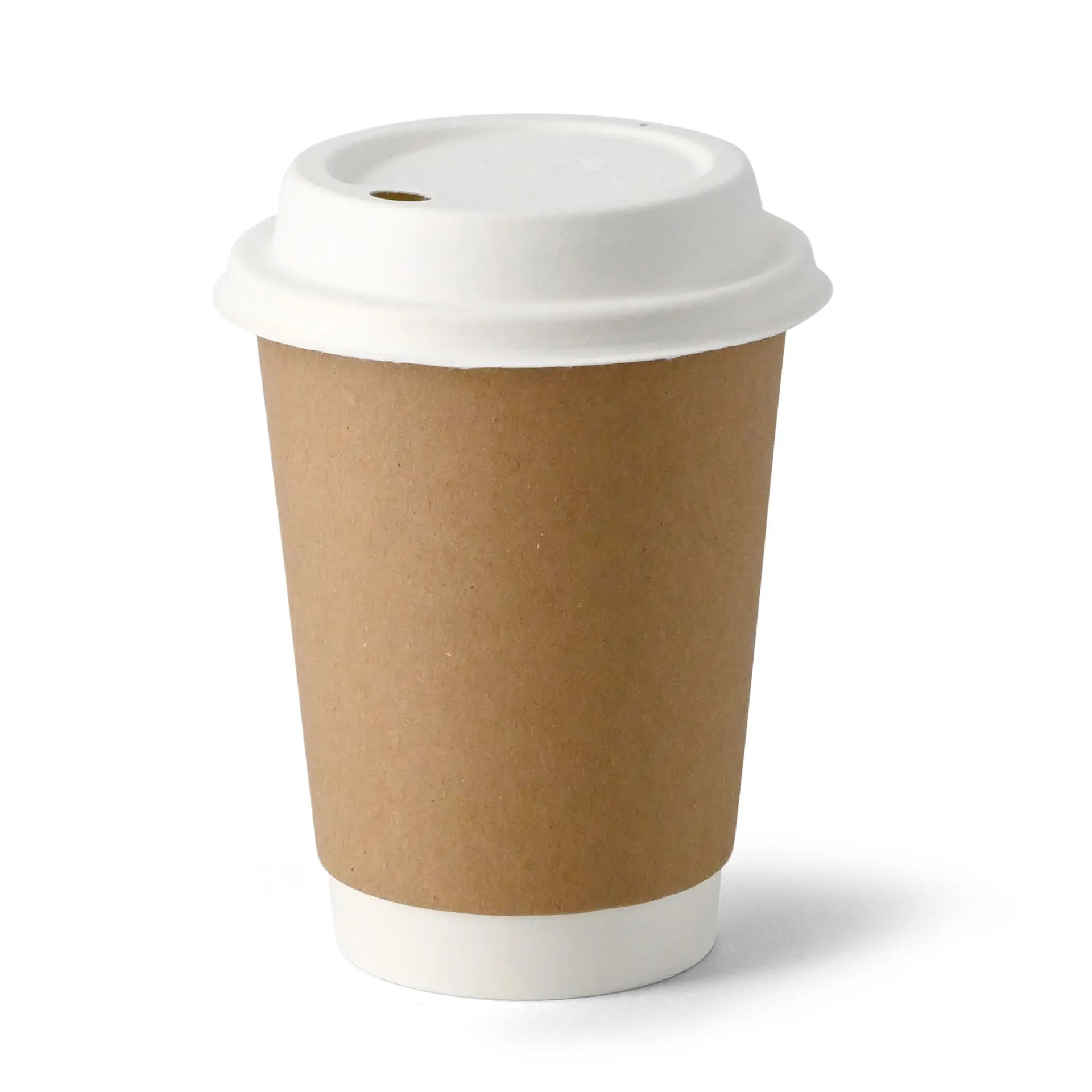 Brown paper cup with white lid, suitable for hot and cold drinks, on a plain background.