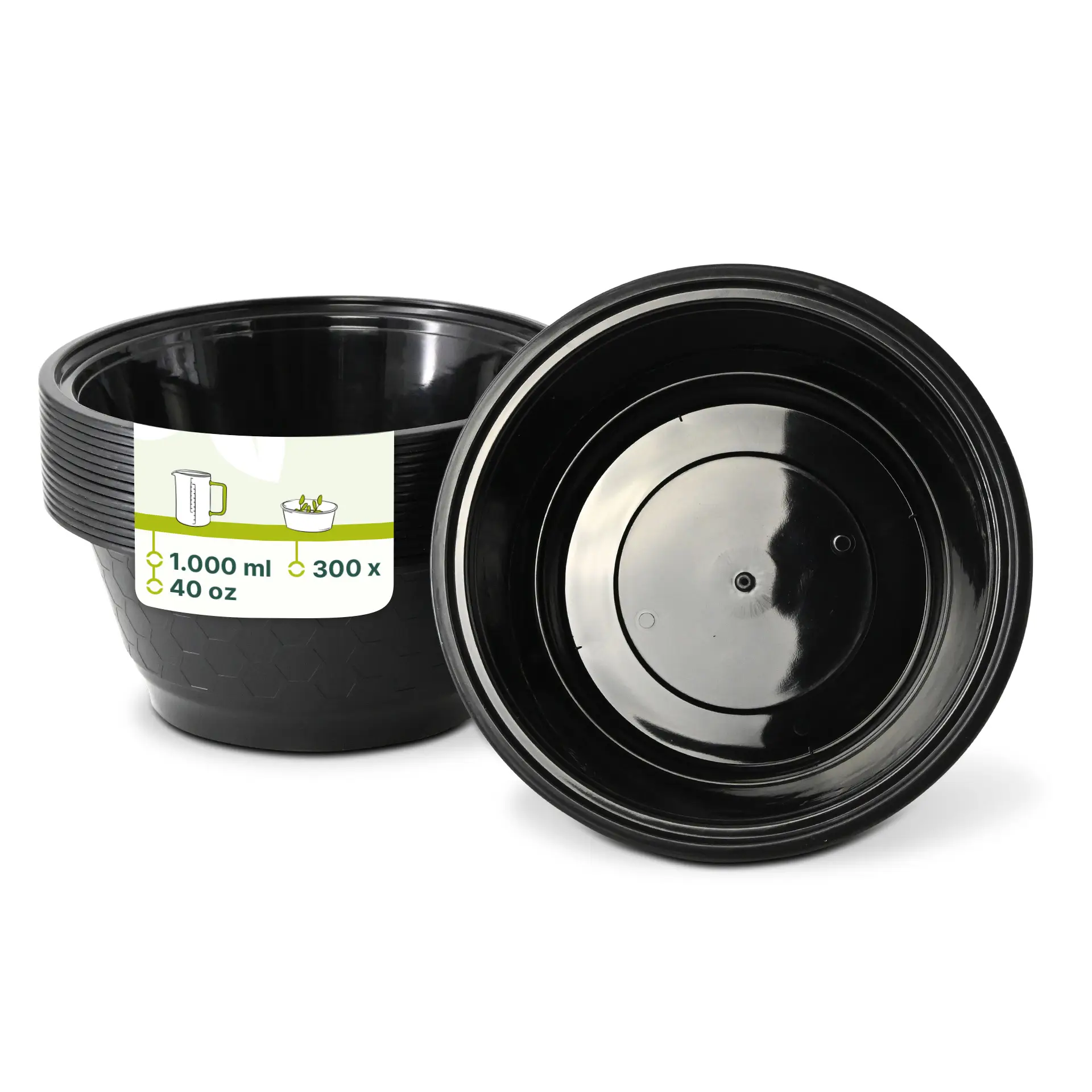 Reusable black polypropylene container, 1000 ml capacity; features a classic design. Another similar container is partially visible.