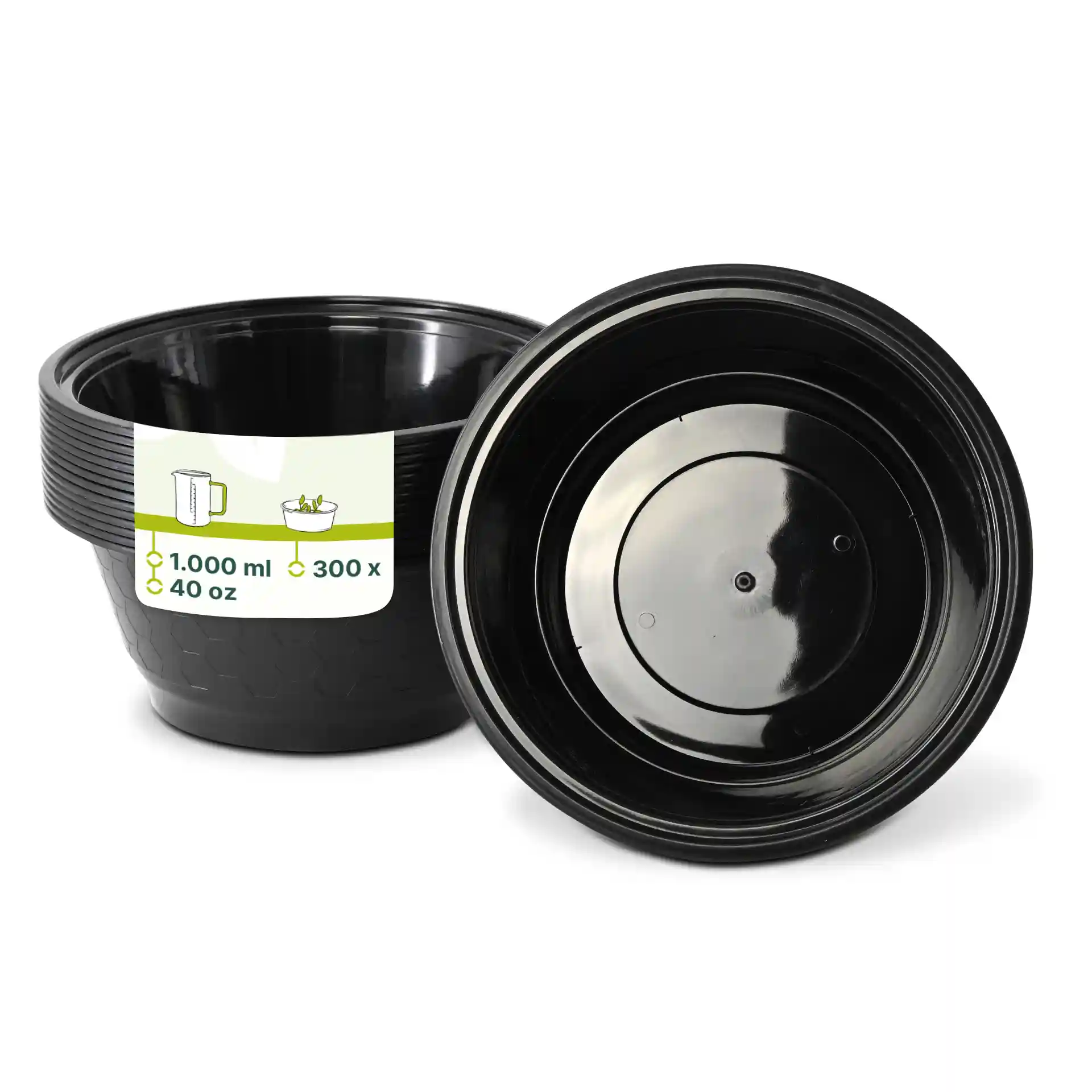 Black reusable container with a capacity of 1000 ml, featuring a deep design and visible interior.