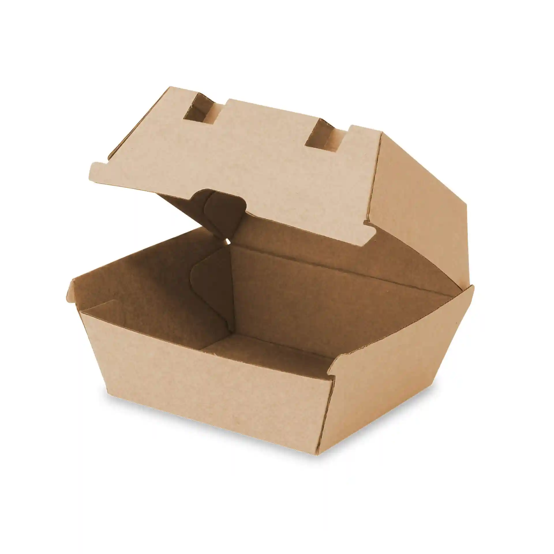 Brown cardboard burger box with an open lid, measuring 13 x 14 x 8 cm.