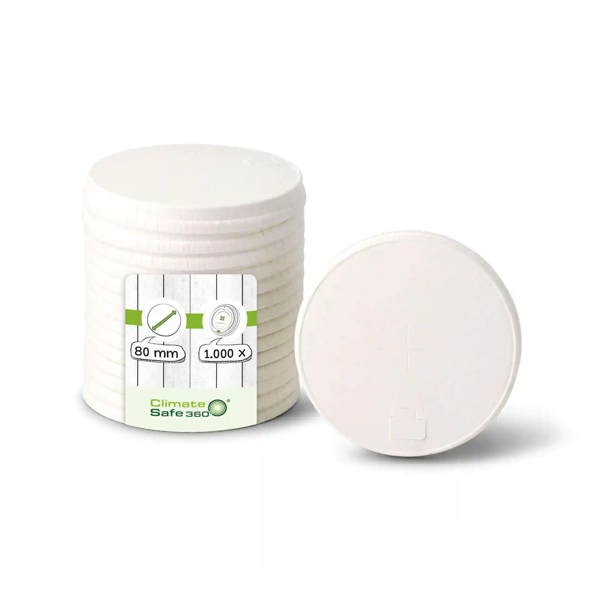 Stack of cream white paper lids with a diameter of 80 mm, showing one lid on its side and a label with product details.