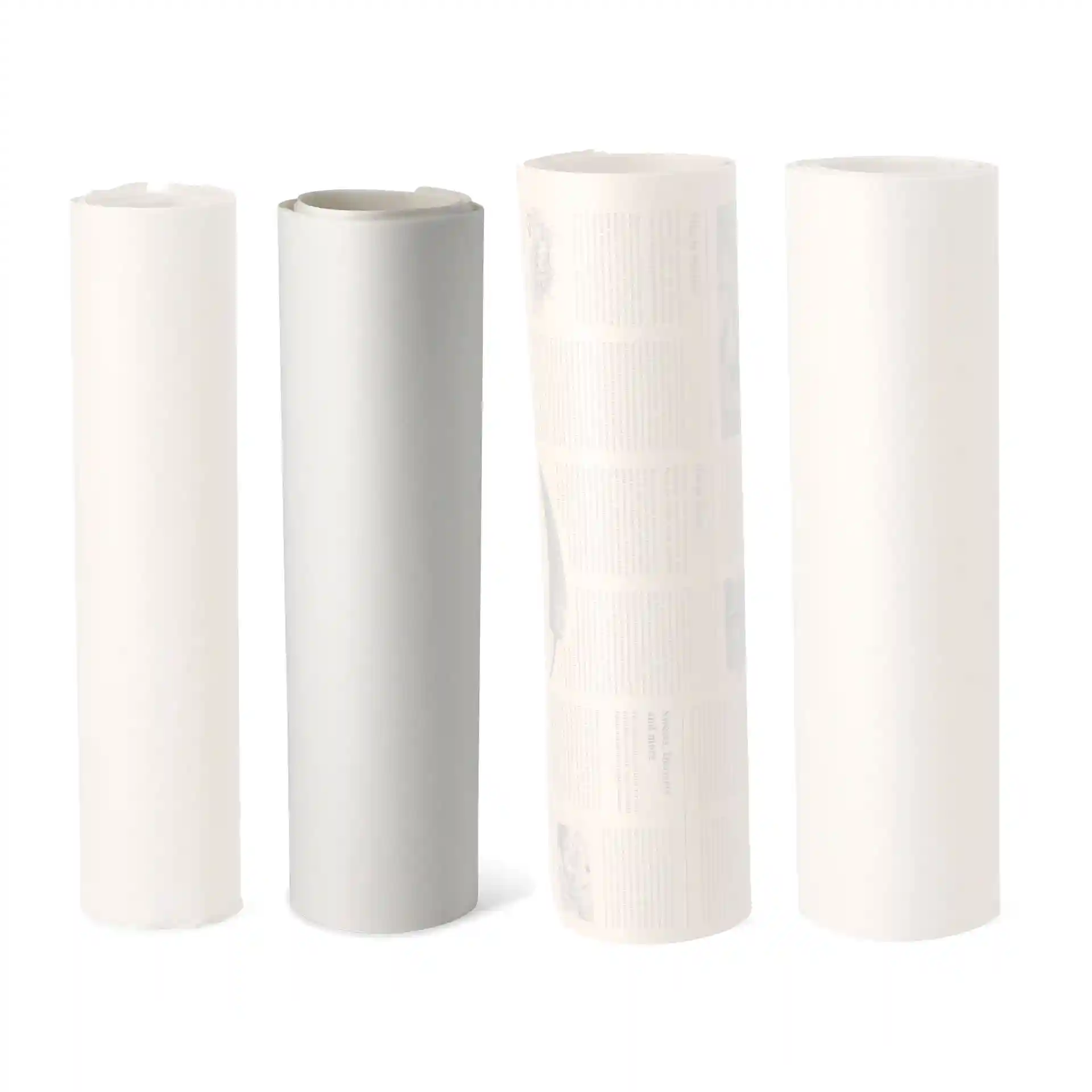 Four rolls of wrapping paper in varying shades of white and gray, with one featuring printed text.