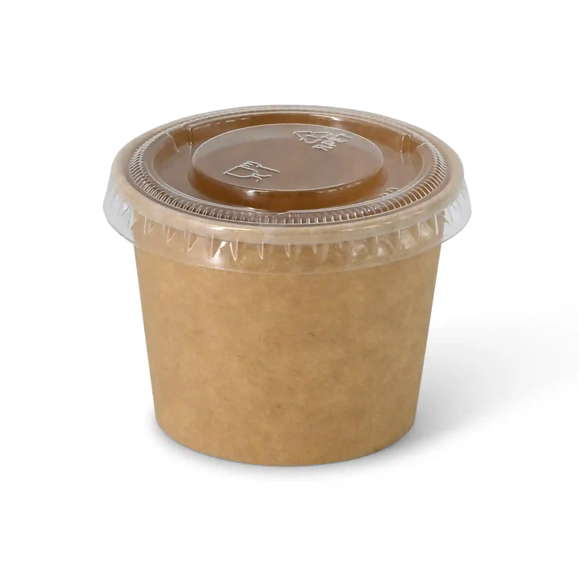 Brown paper portion cup with a clear plastic lid, 50 ml capacity, unbleached, diameter 62 mm.