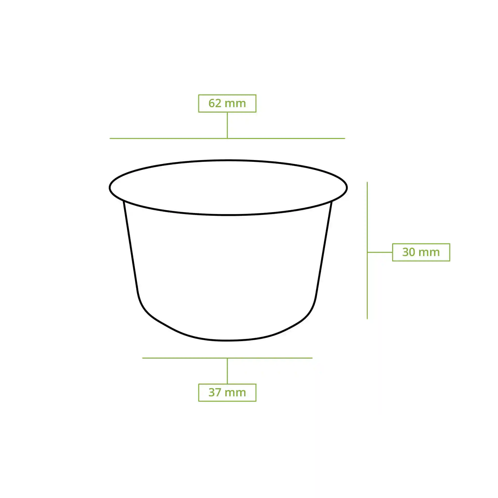 schematic drawing of a cup with dimension lines showing height of 30 mm, diameter of 62 mm, and base diameter of 37 mm