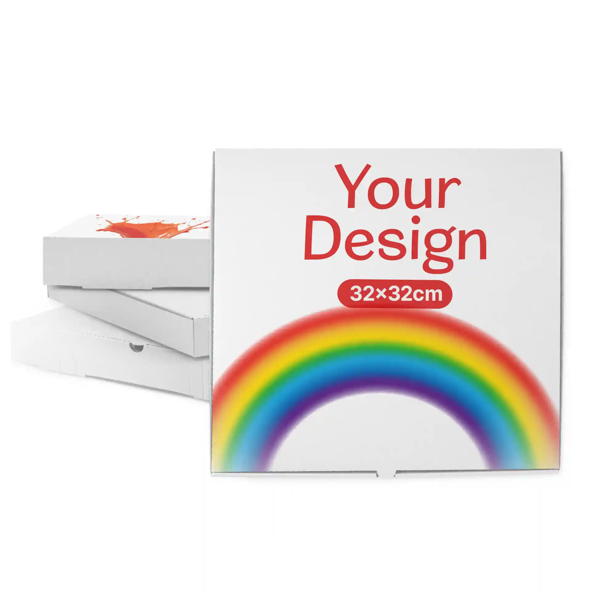 White pizza box with a rainbow graphic and space for custom design, measuring 32 x 32 x 4 cm.