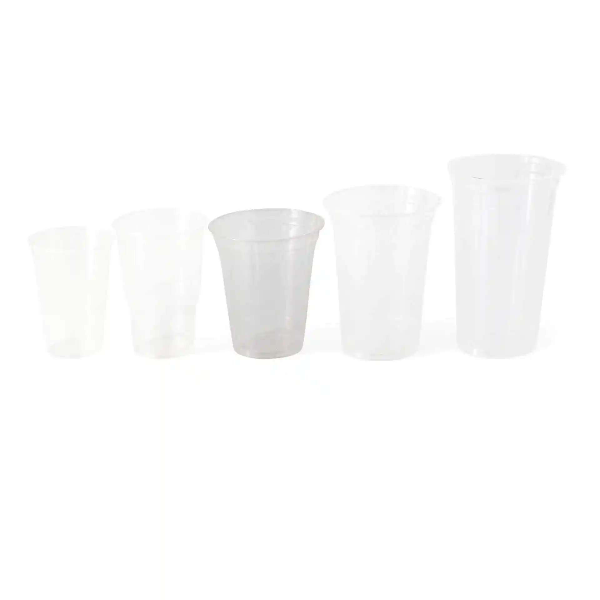 Image of five transparent plastic cups of varying sizes arranged from smallest to largest.