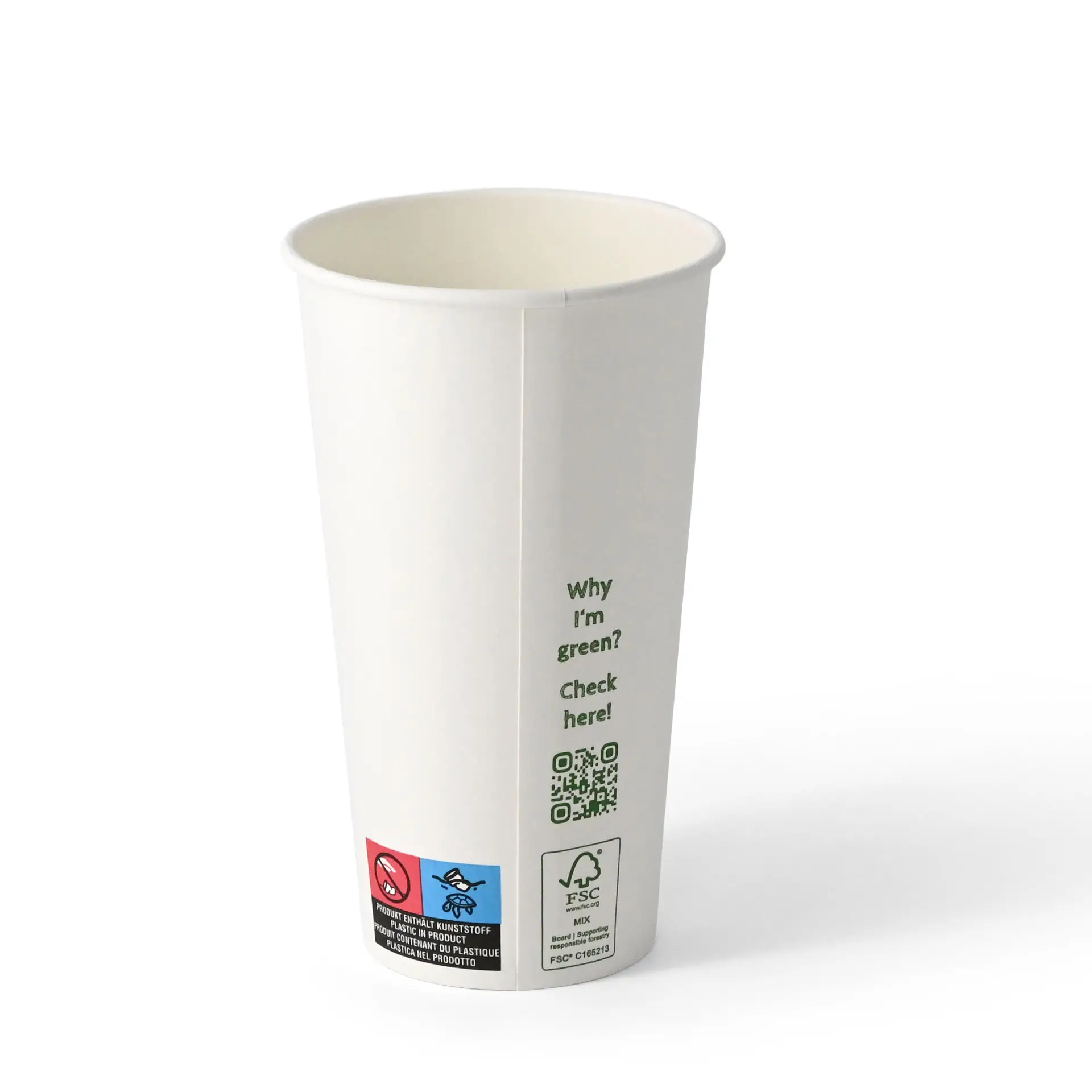 White single-wall paper cup with PLA coating, featuring a QR code and sustainability markings. Suitable for hot and cold drinks.