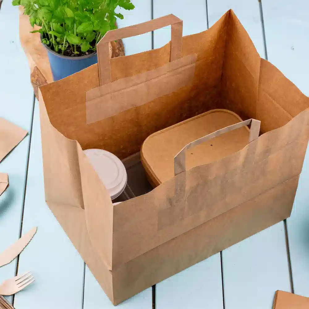 Brown paper bag with handles containing a round container and a rectangular box, surrounded by cutlery and a plant.