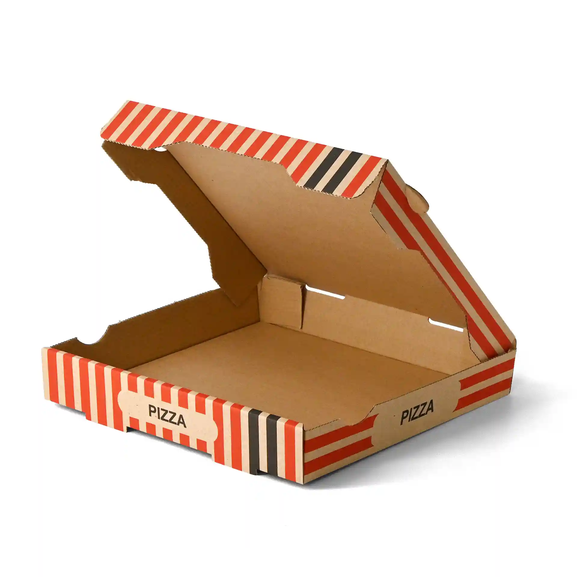 Cardboard pizza box with a brown base and red striped design, measuring 28 x 28 x 4 cm, partially open.