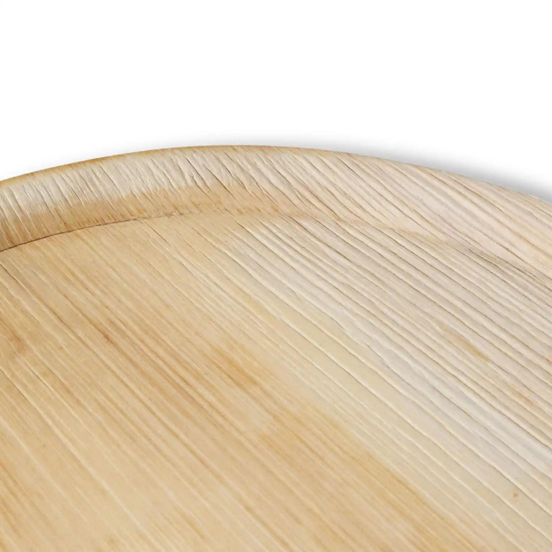 Round palm leaf pizza plate with a grain texture, measuring 27 cm in diameter and 1 cm in height.