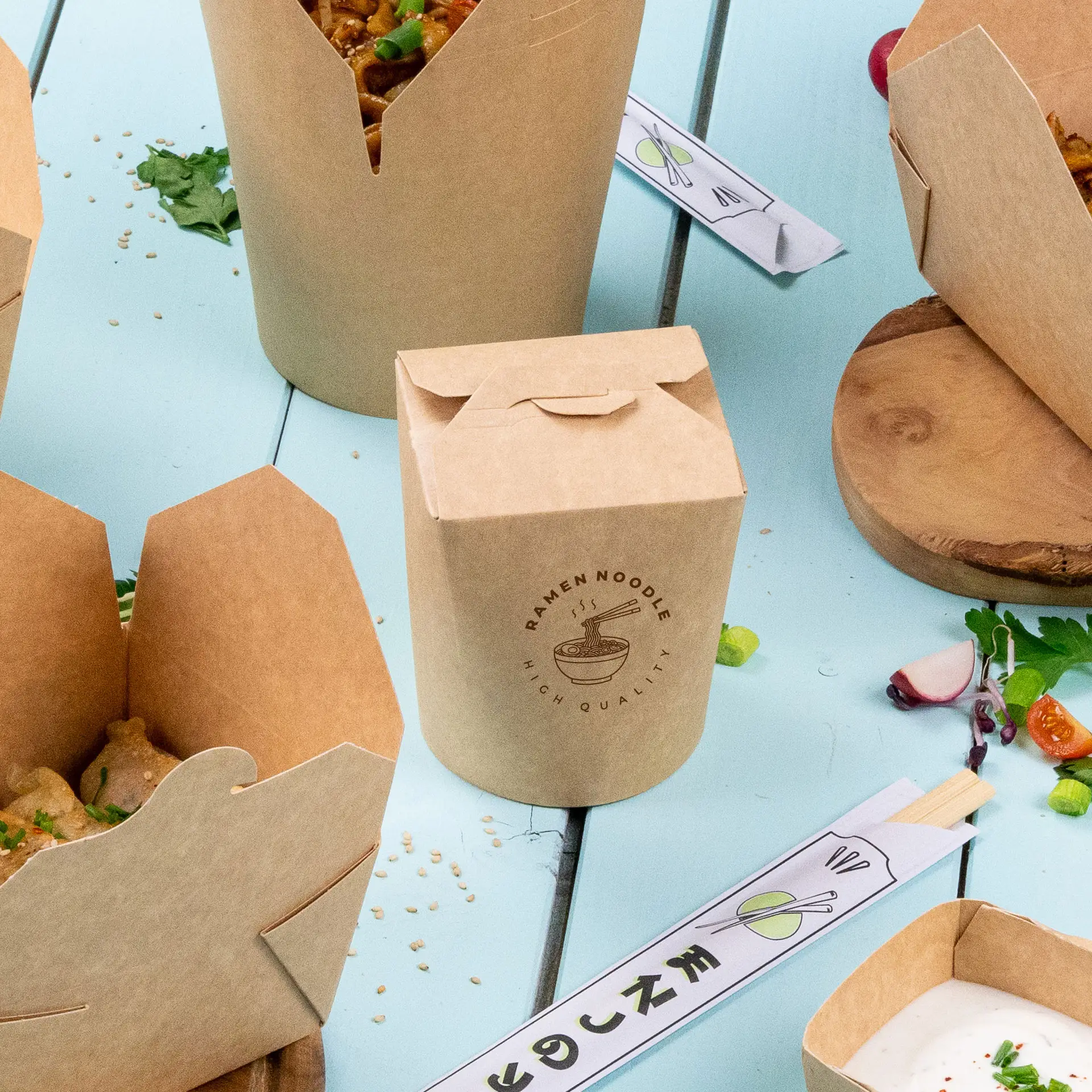 Printed noodle box, 400 ml, brown, PE-coated