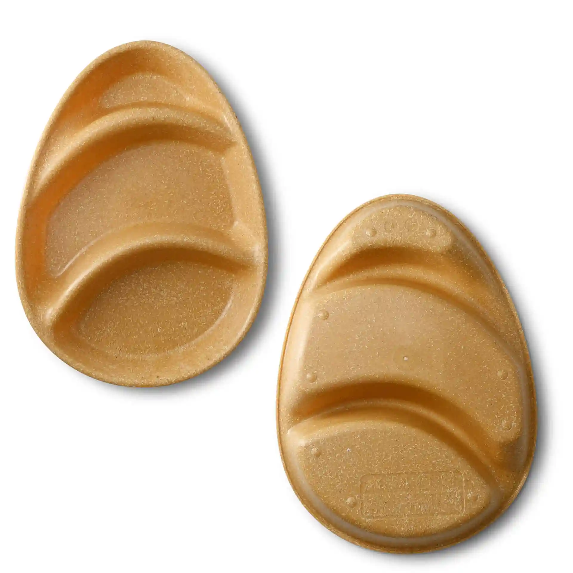 Reusable menu plate in caramel brown with three compartments, oval shape, dimensions 27.5 x 20 x 3.5 cm.