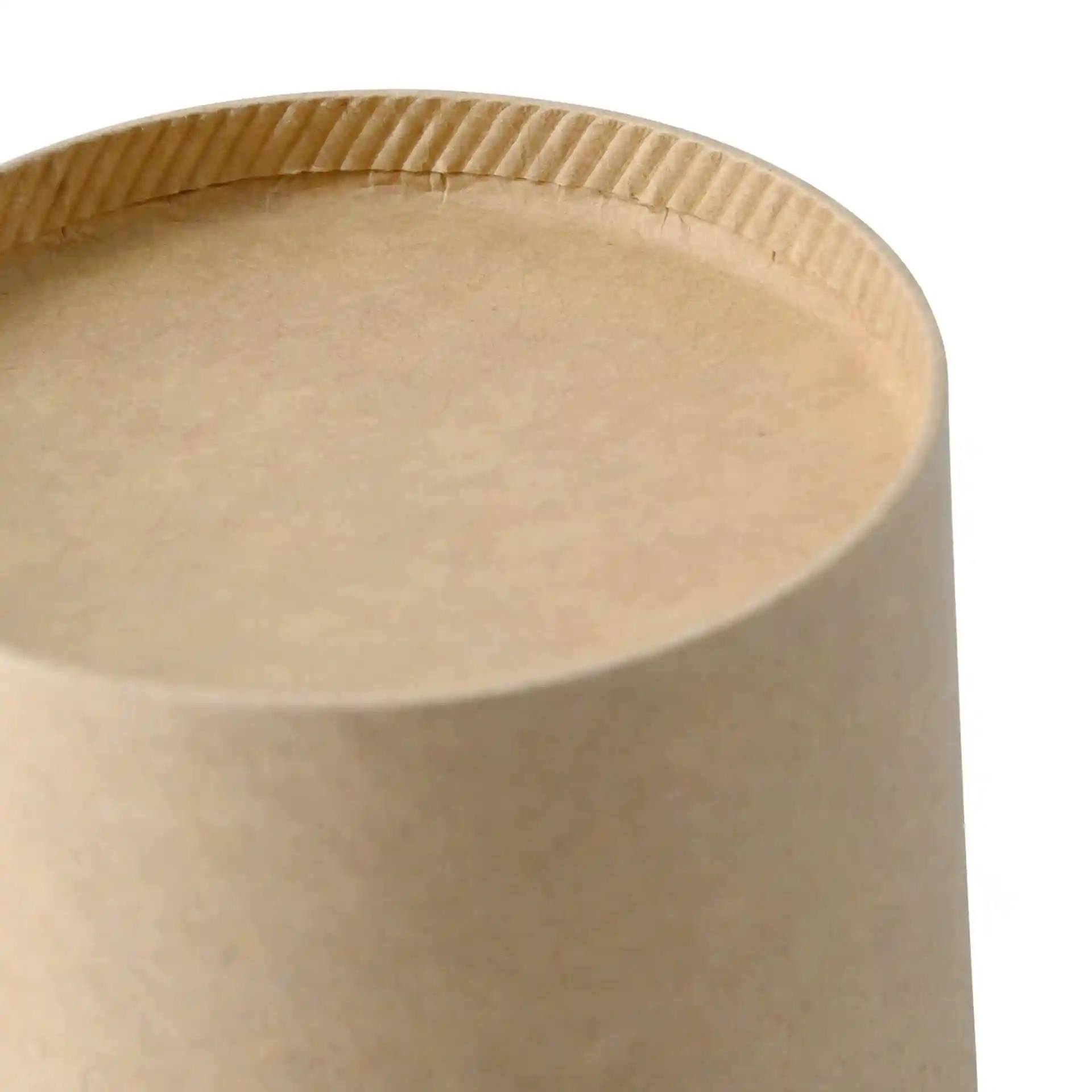 Top view of a round brown cardboard soup cup with a smooth surface and ribbed edge.