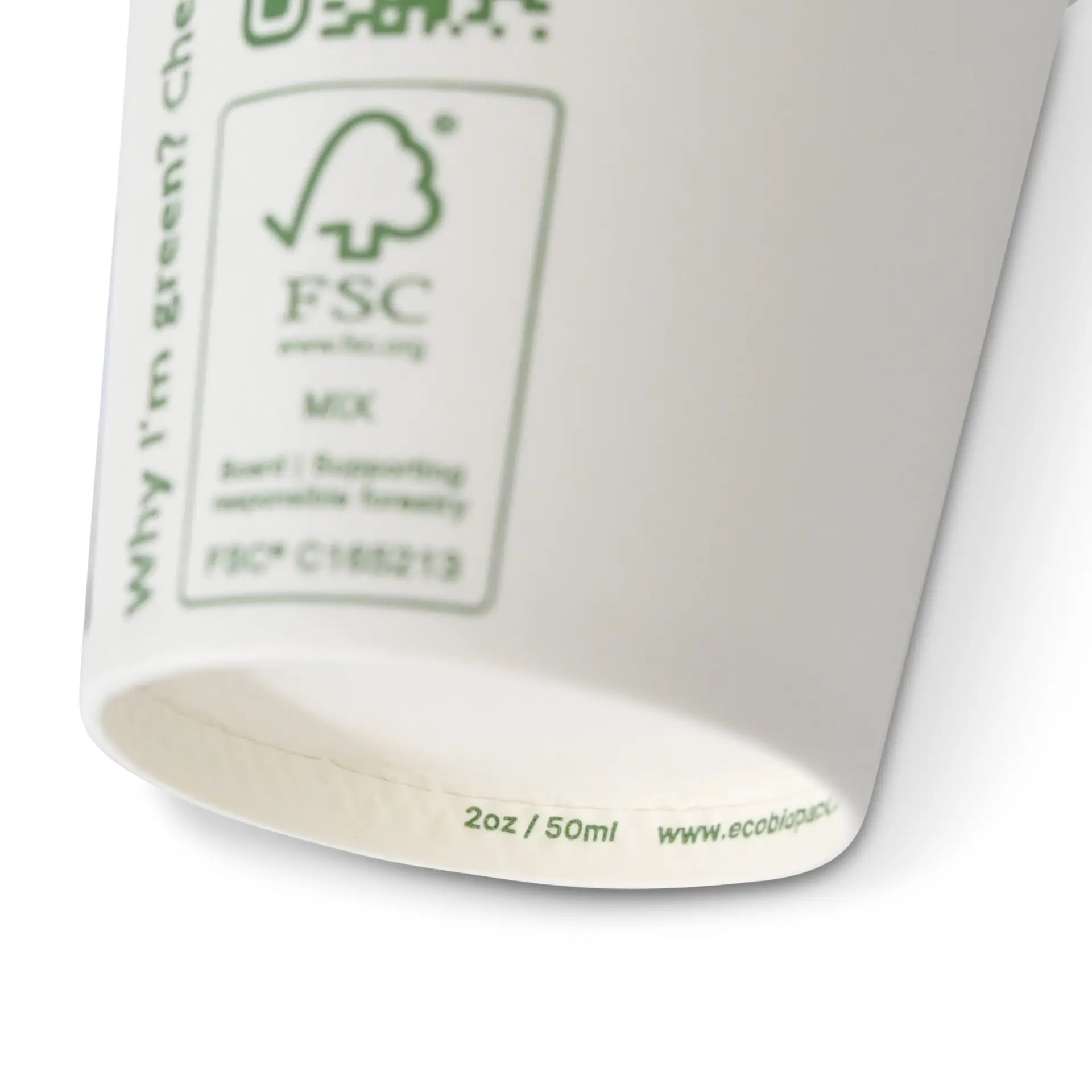 Single-wall white paper cup, 50 ml/2 oz, PLA-coated; features FSC label indicating sustainable materials.