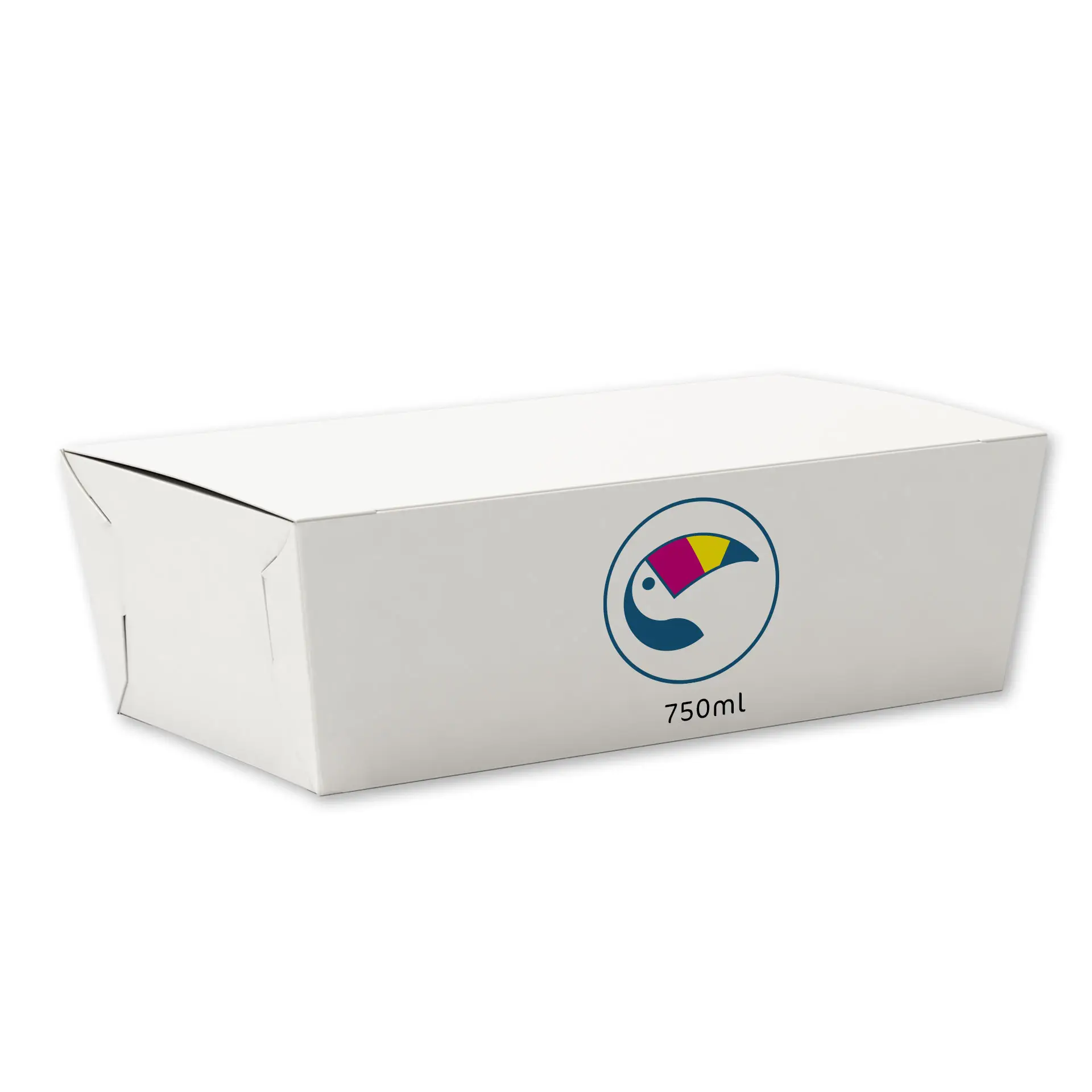 Snack box in white with custom logo; 750ml capacity, suitable for moist and greasy snacks, designed for takeaway and events.