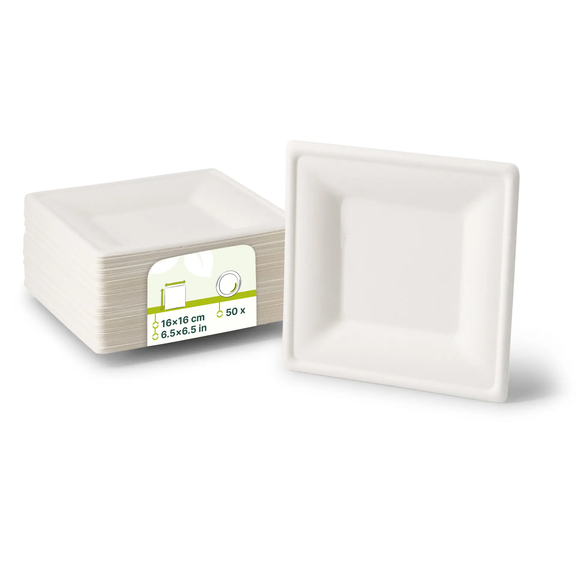 Square sugarcane plates measuring 16 x 16 cm, stacked with one plate displayed prominently.