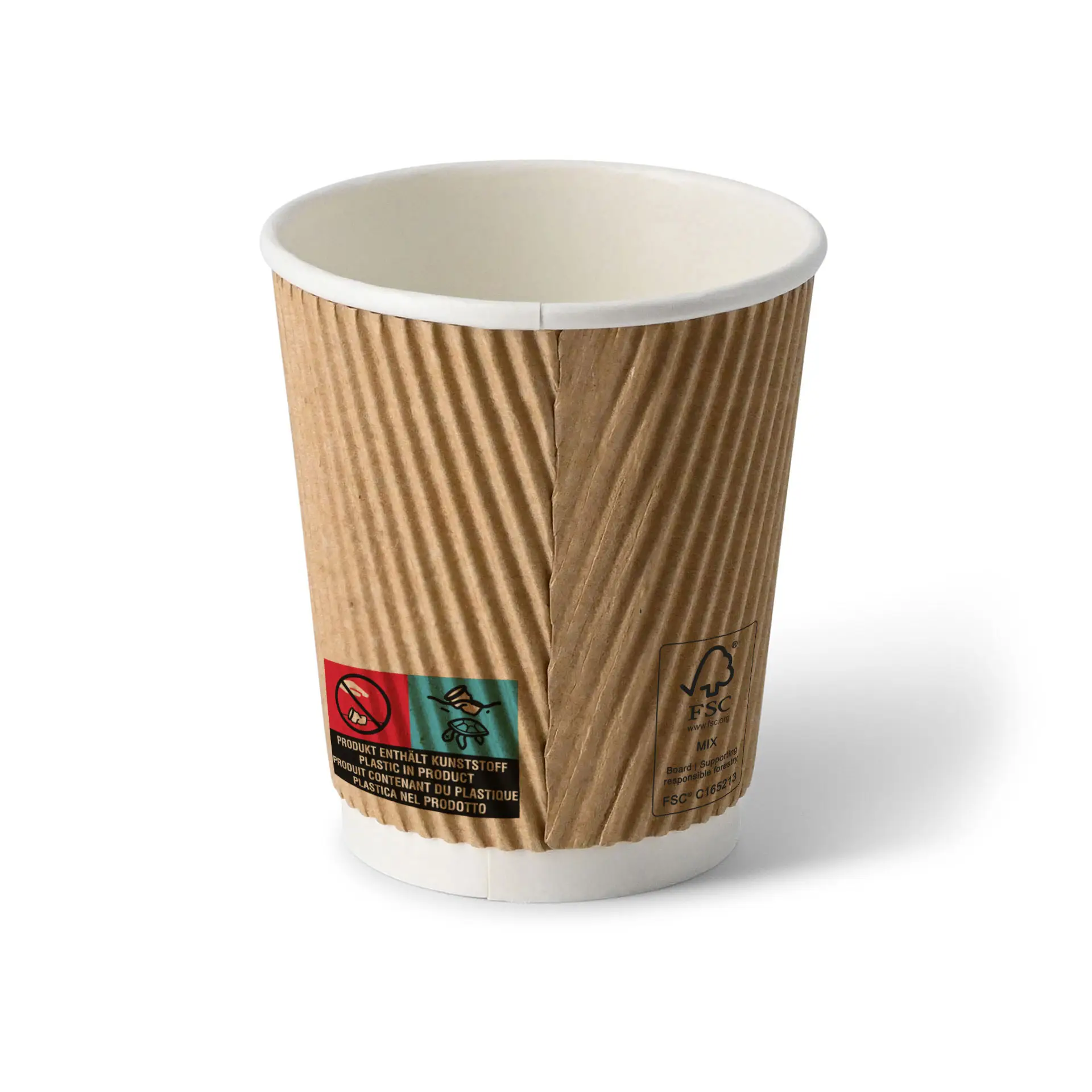 One brown ripple coffee cup with a white interior; featuring labels indicating contents and recycling information.