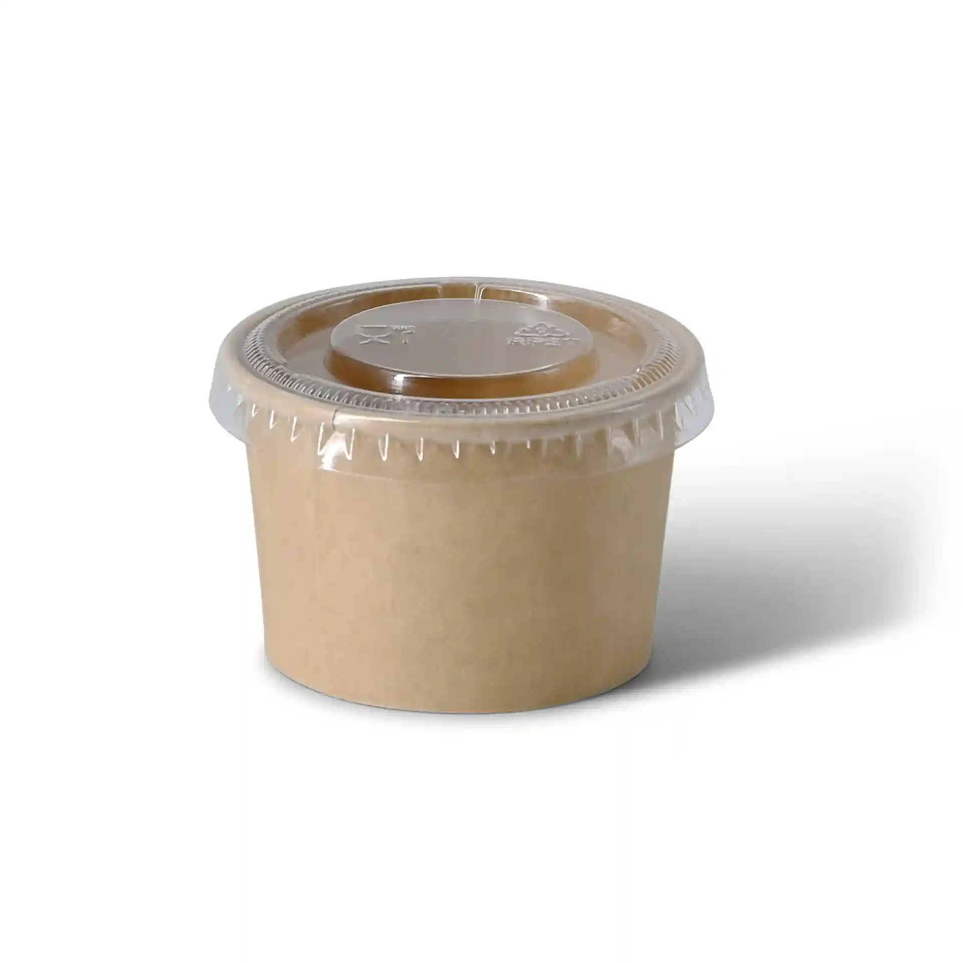 Brown round deli container with a clear lid, 40 ml capacity, made of coated cardboard.