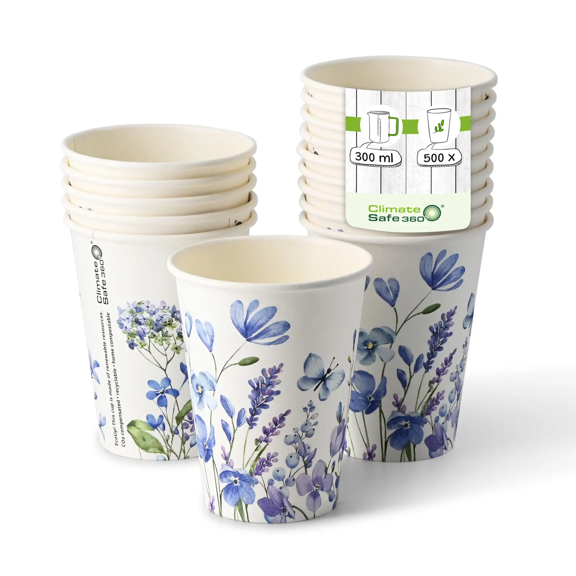 12 oz Paper cups spring 'Violets' single wall, Ø 90 mm, blue