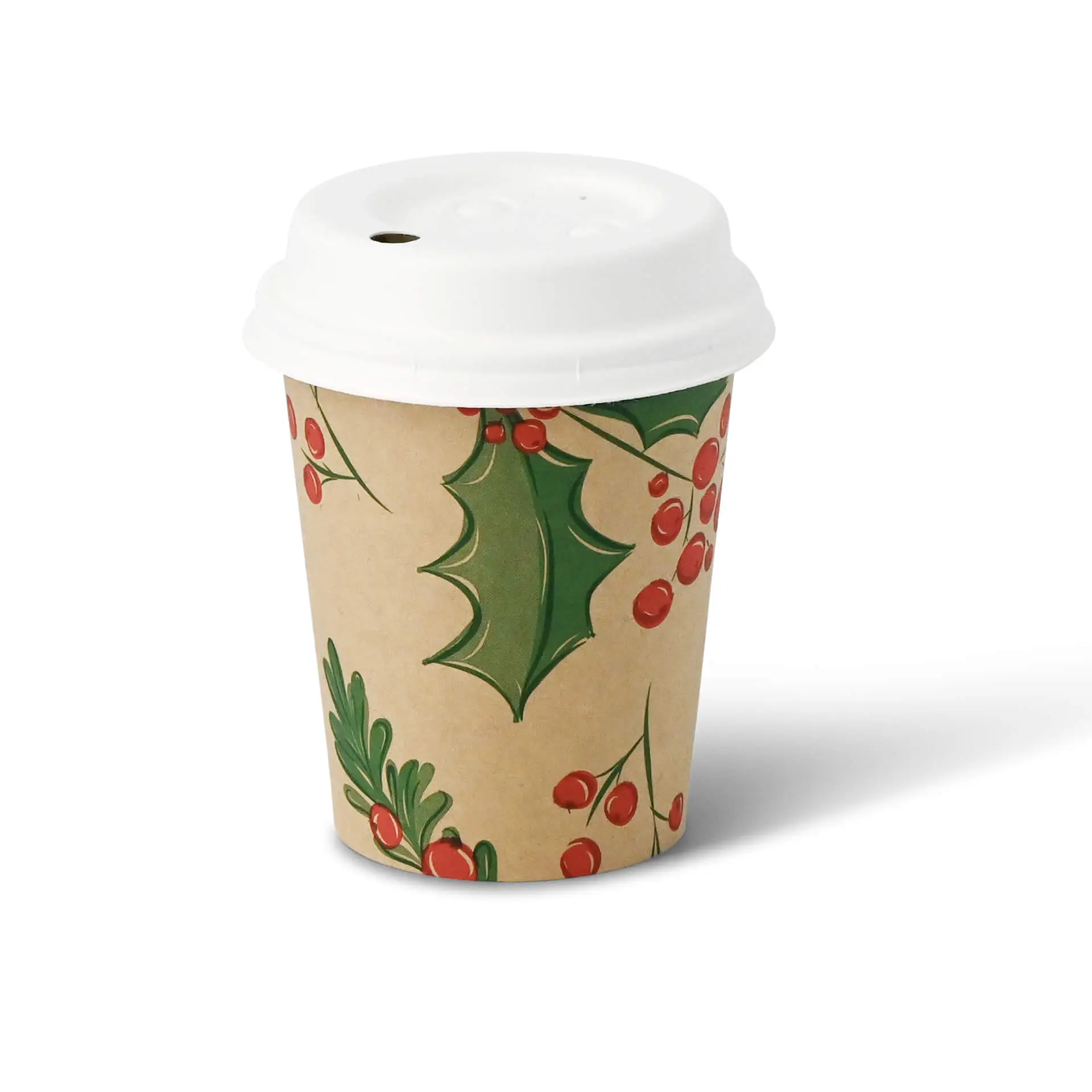 Paper cup with a printed winter design featuring holly and berries, unbleached cardboard, 8 oz capacity.