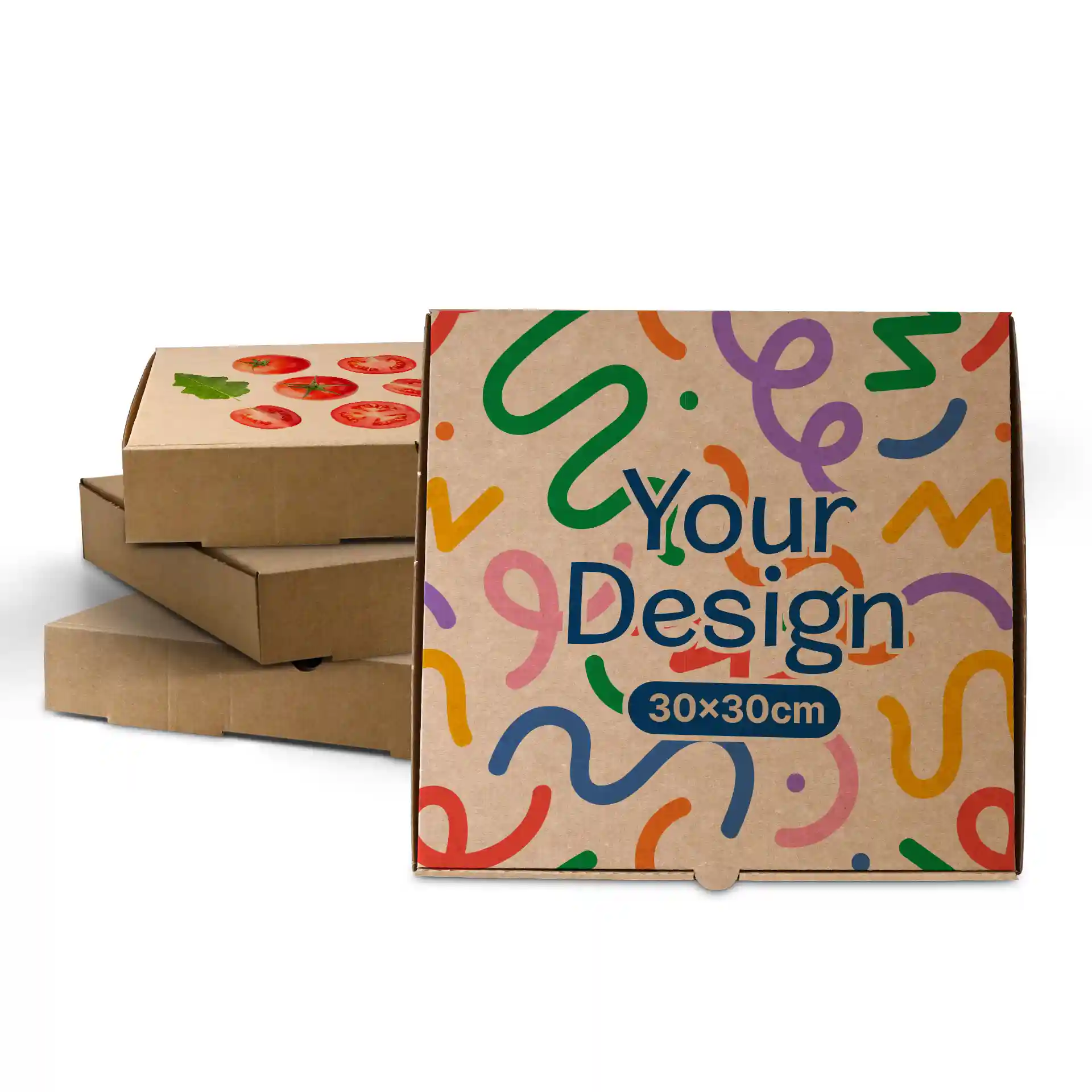 Brown pizza box with colorful abstract design, dimensions 30 x 30 cm, in front of several similar boxes.