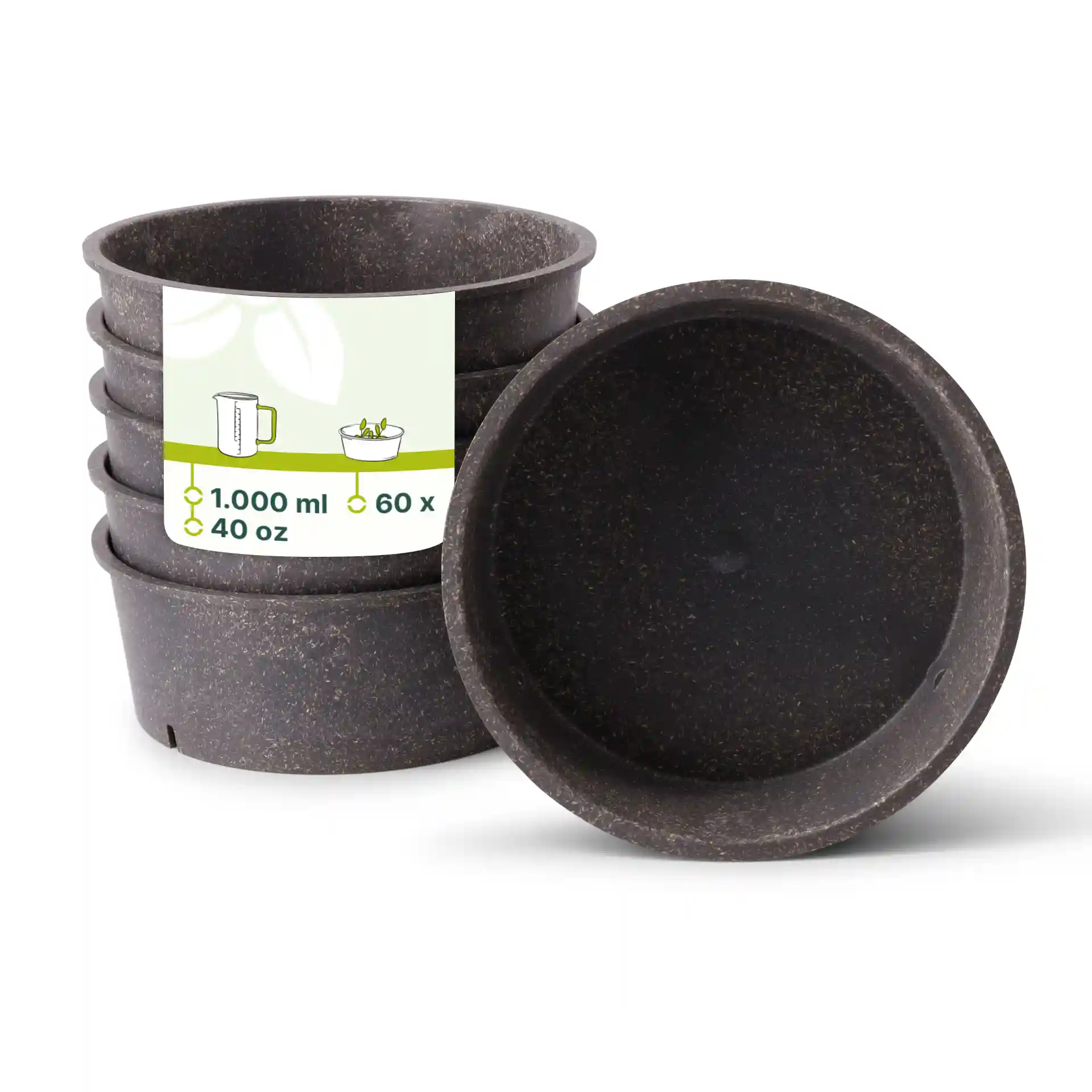 Set of five grey reusable bowls, each with a diameter of 184 mm and a volume of 1,000 ml.