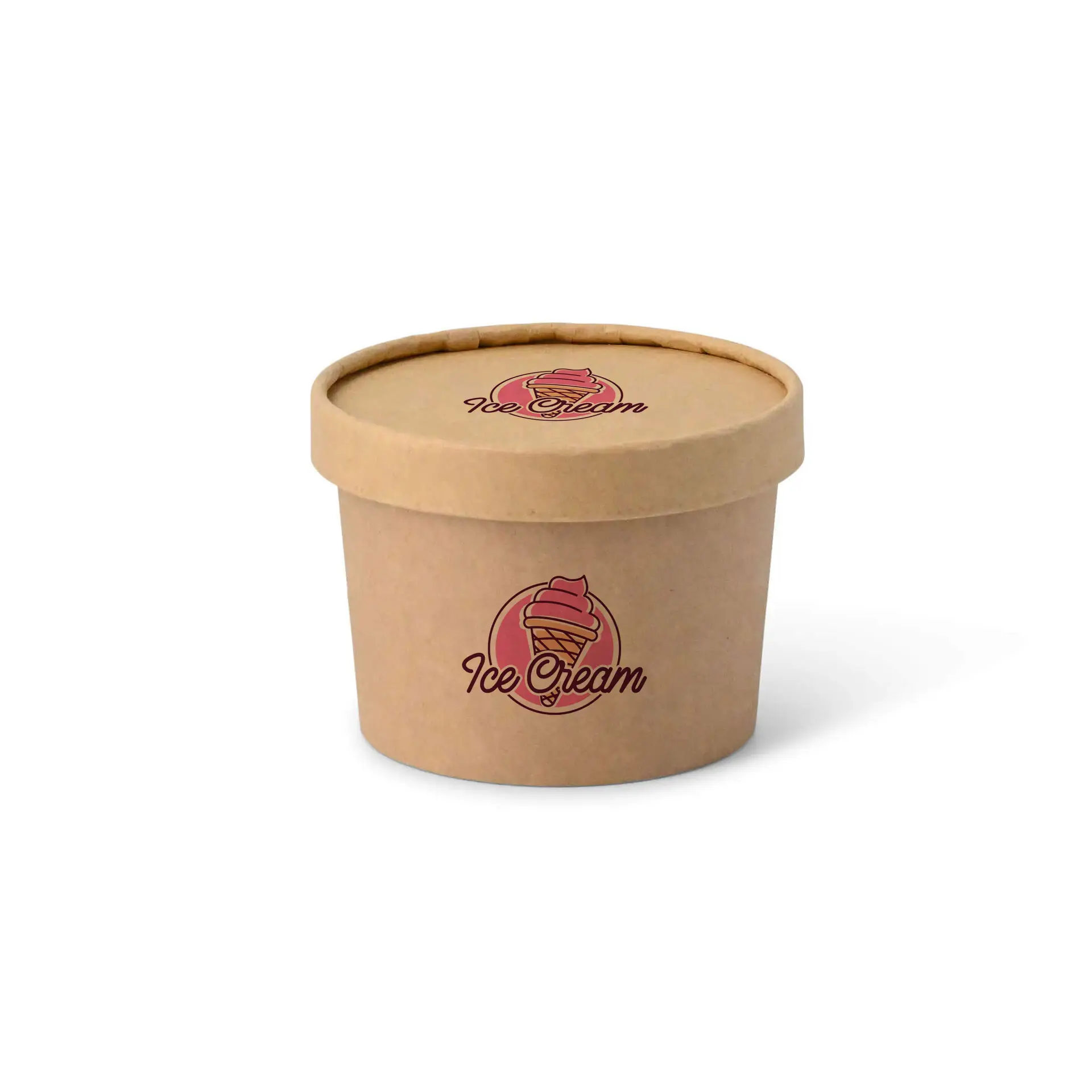 Brown cardboard ice cream cup with a printed lid featuring an ice cream logo, suitable for takeaway food.