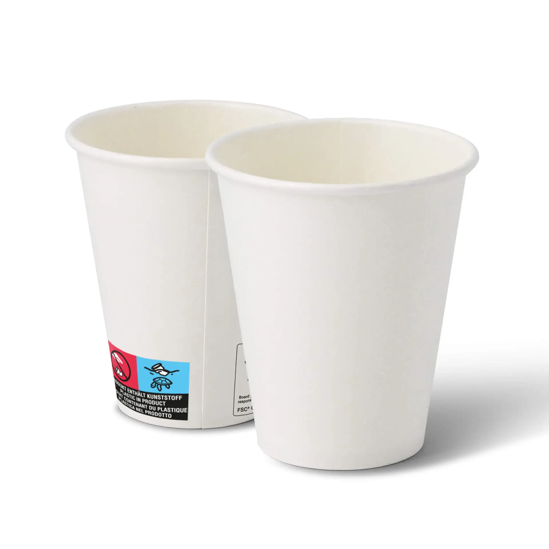Two white 10 oz paper cups with a classic design; features a PE coating suitable for various beverages.