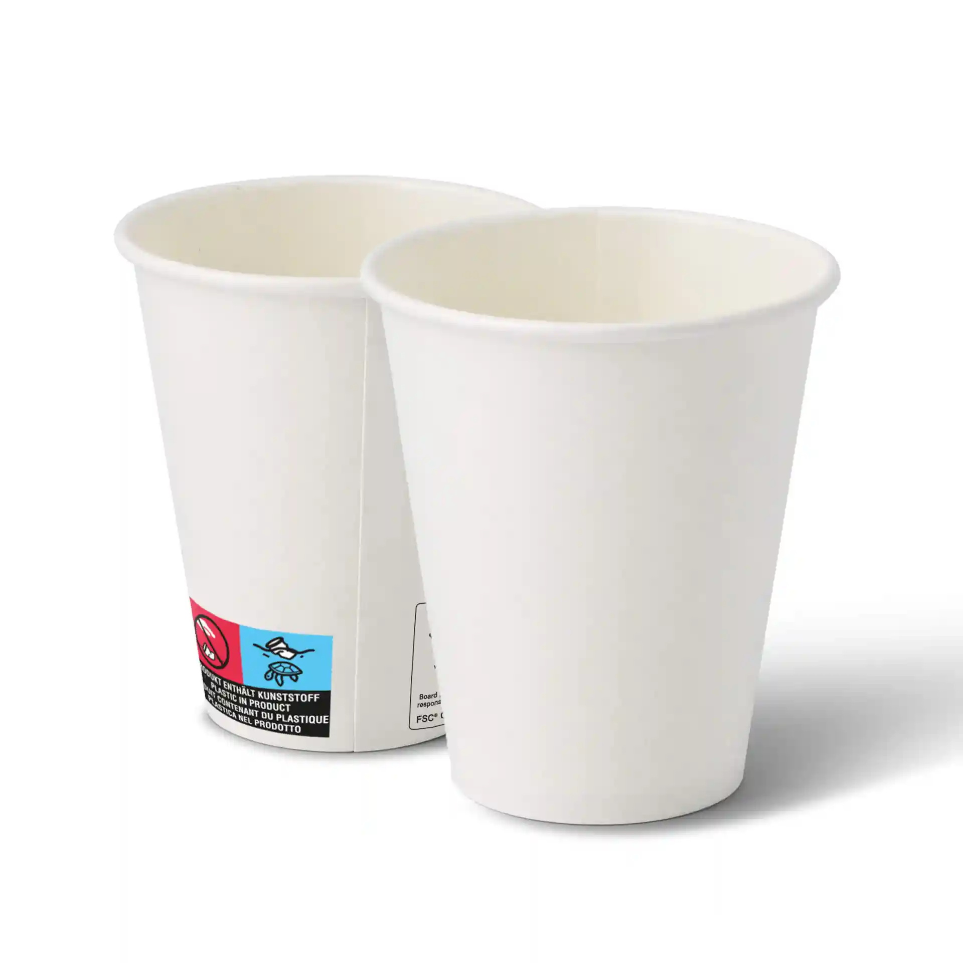 Two white paper cups with a round shape, showing the interior and exterior, on a plain background.