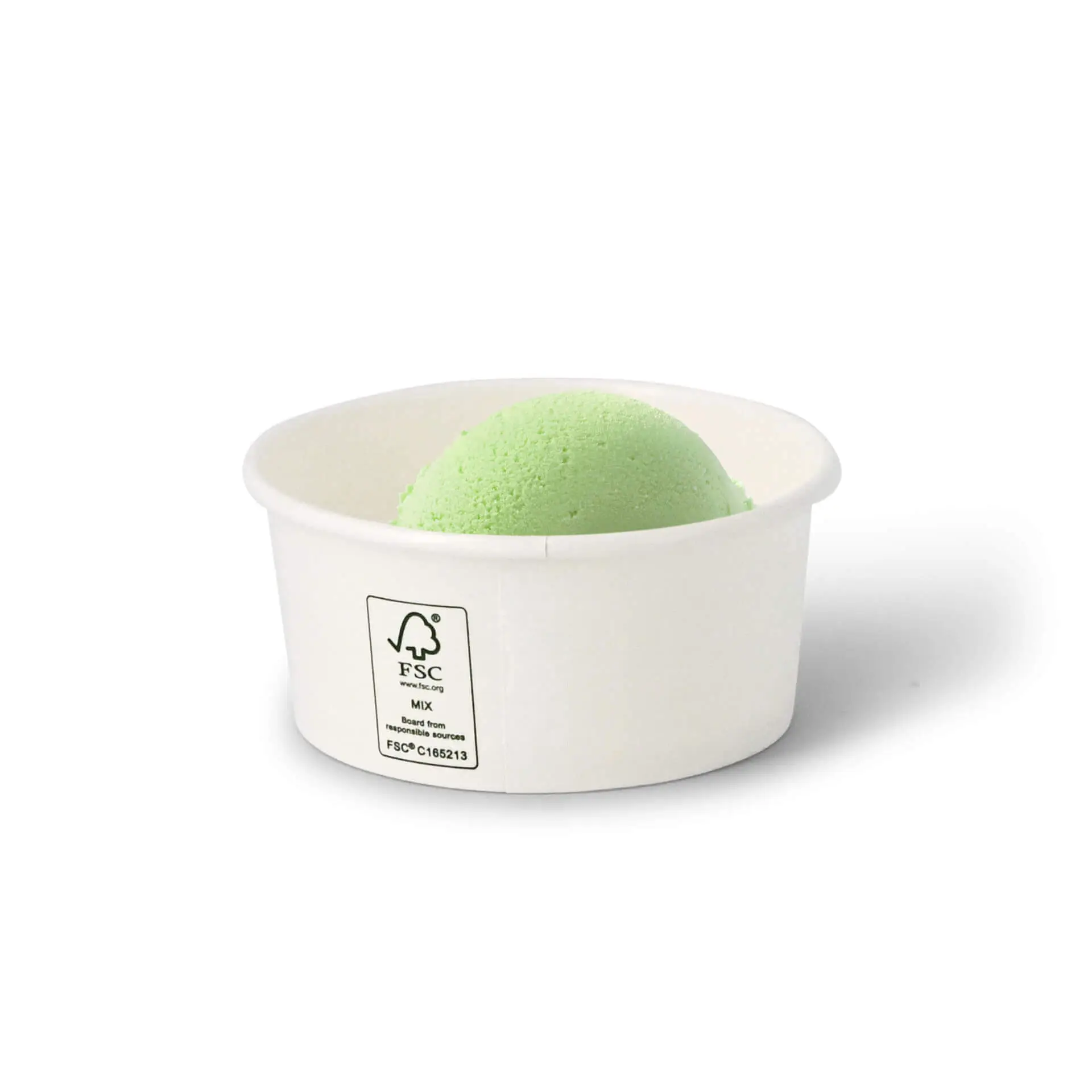 One white paper ice cream cup with a green ice cream scoop inside; labeled with FSC and Climate Safe 360 markings.