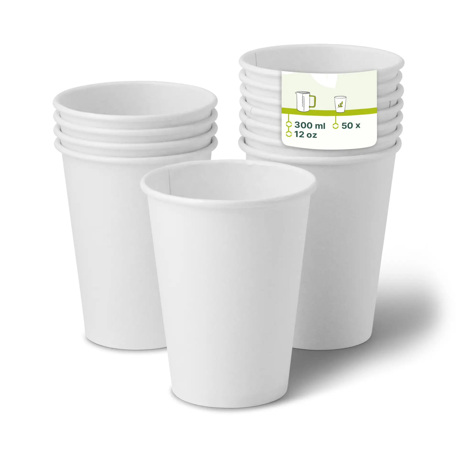 White paper cups stacked, with one cup in front, showing a label indicating 300 ml capacity and 50 count.