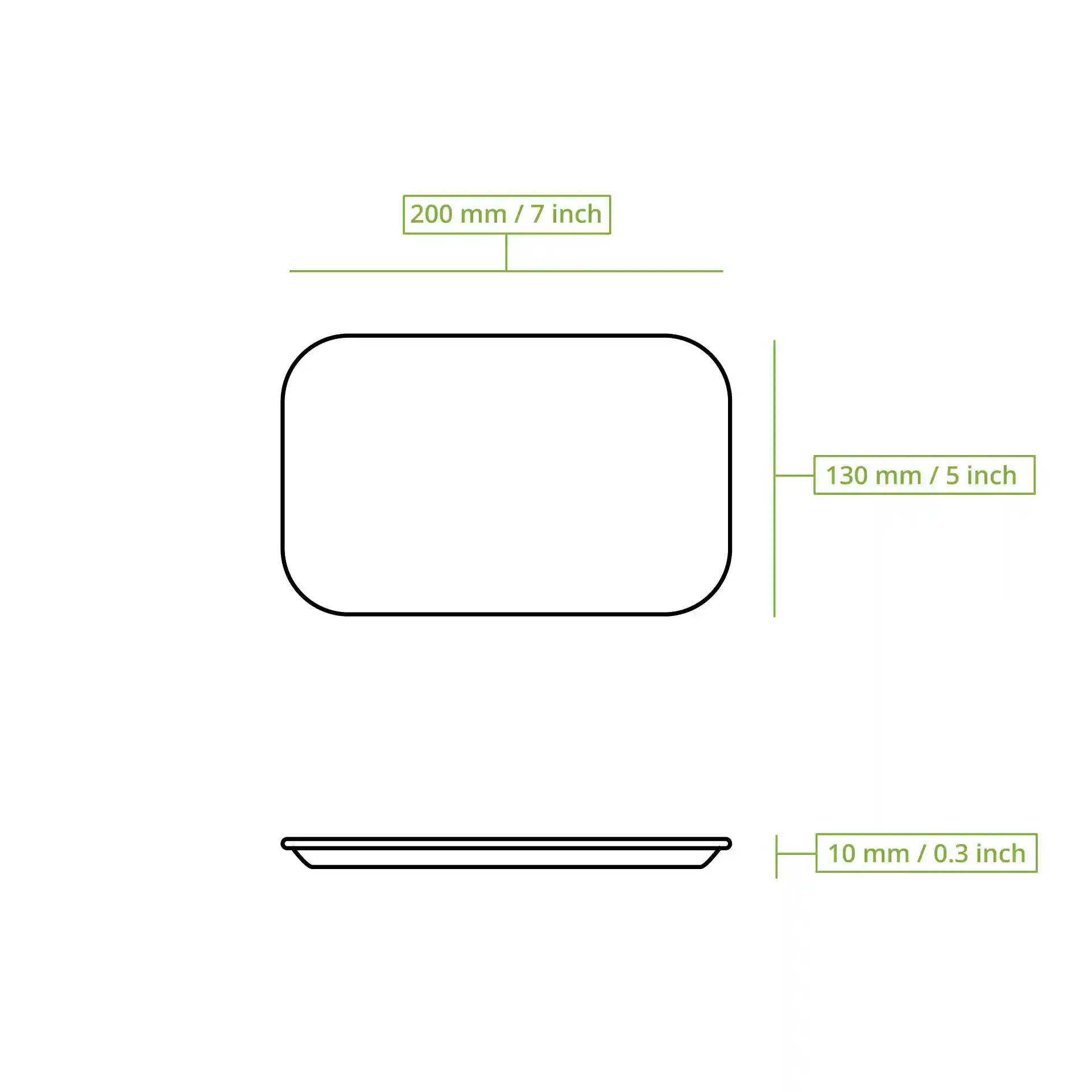 Schematic drawing of a rectangular cardboard plate with dimensions 203 mm by 128 mm and height 10 mm.