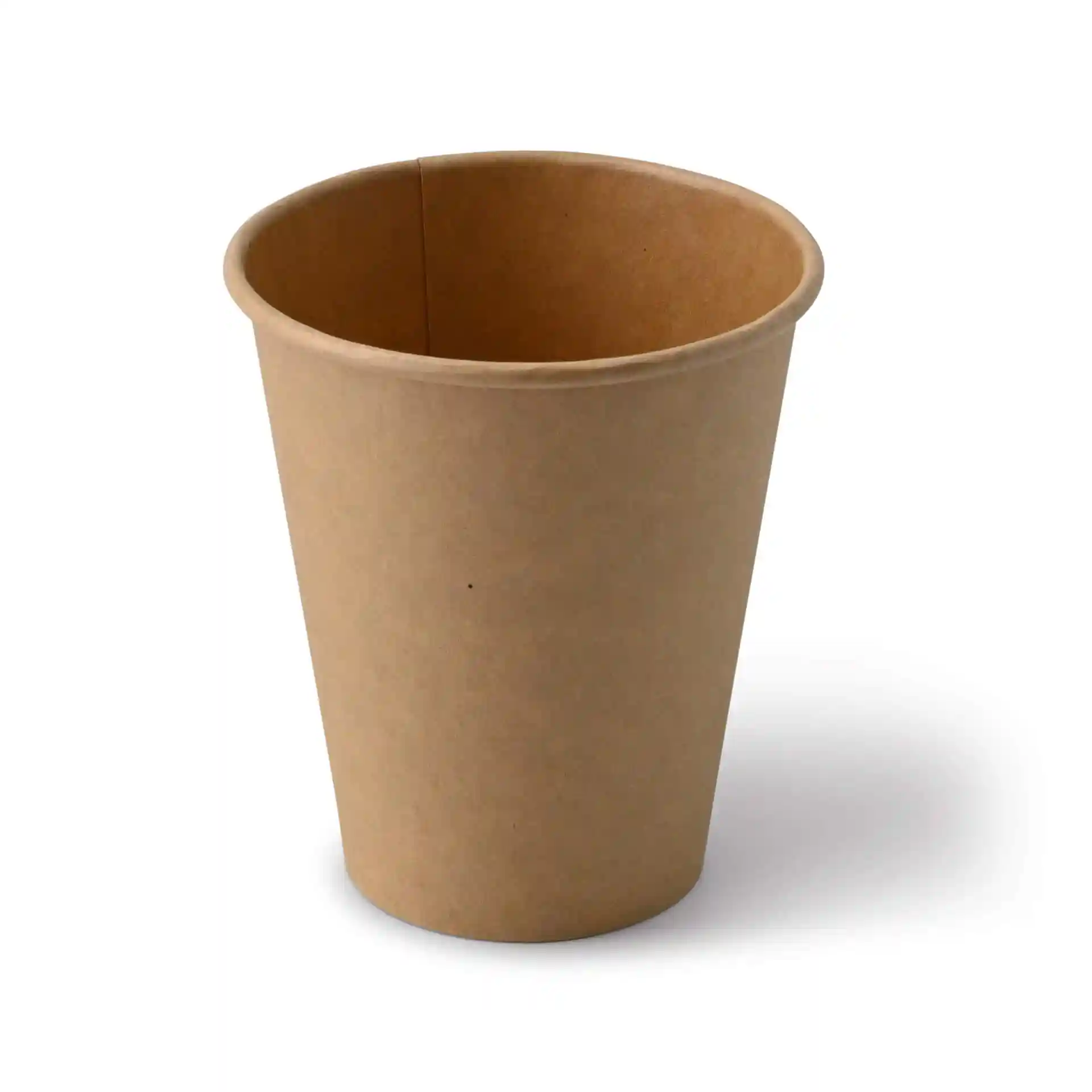 Brown paper cup with a round shape, 10 oz capacity, made of cardboard, shown from an angle.