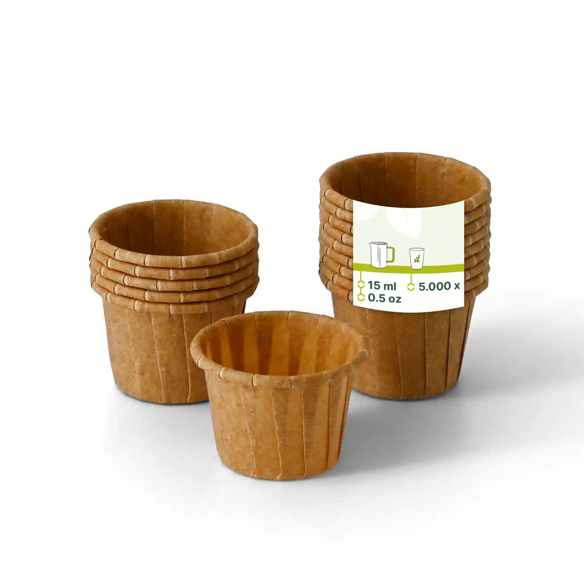 Brown paper cups stacked with one smaller cup in front, showing a label with volume details.