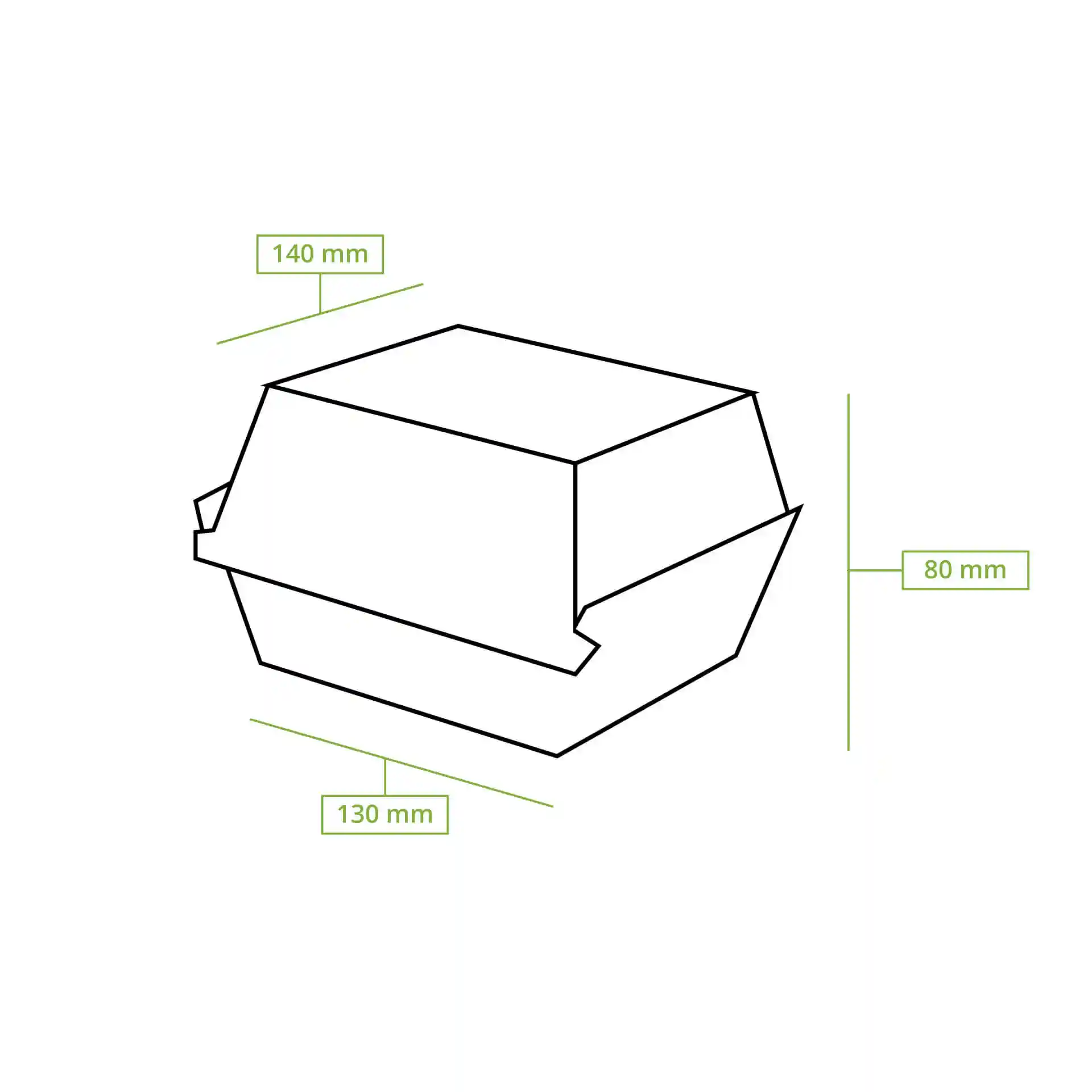Schematic drawing of a burger box with dimensions 130 mm length, 140 mm width, and 80 mm height.