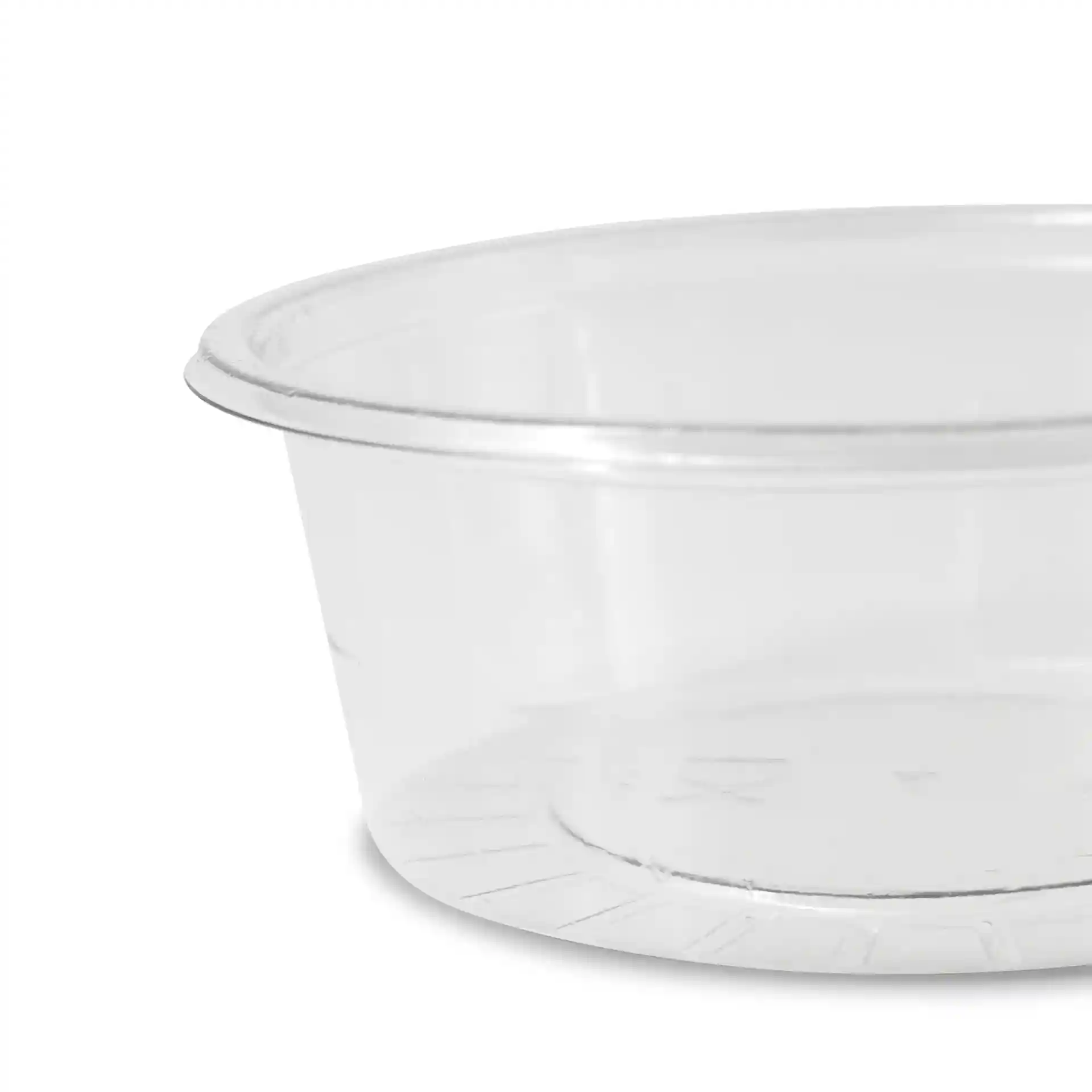 Clear round rPET dip pot with a diameter of 75 mm and a height of 26 mm, shown from the side.