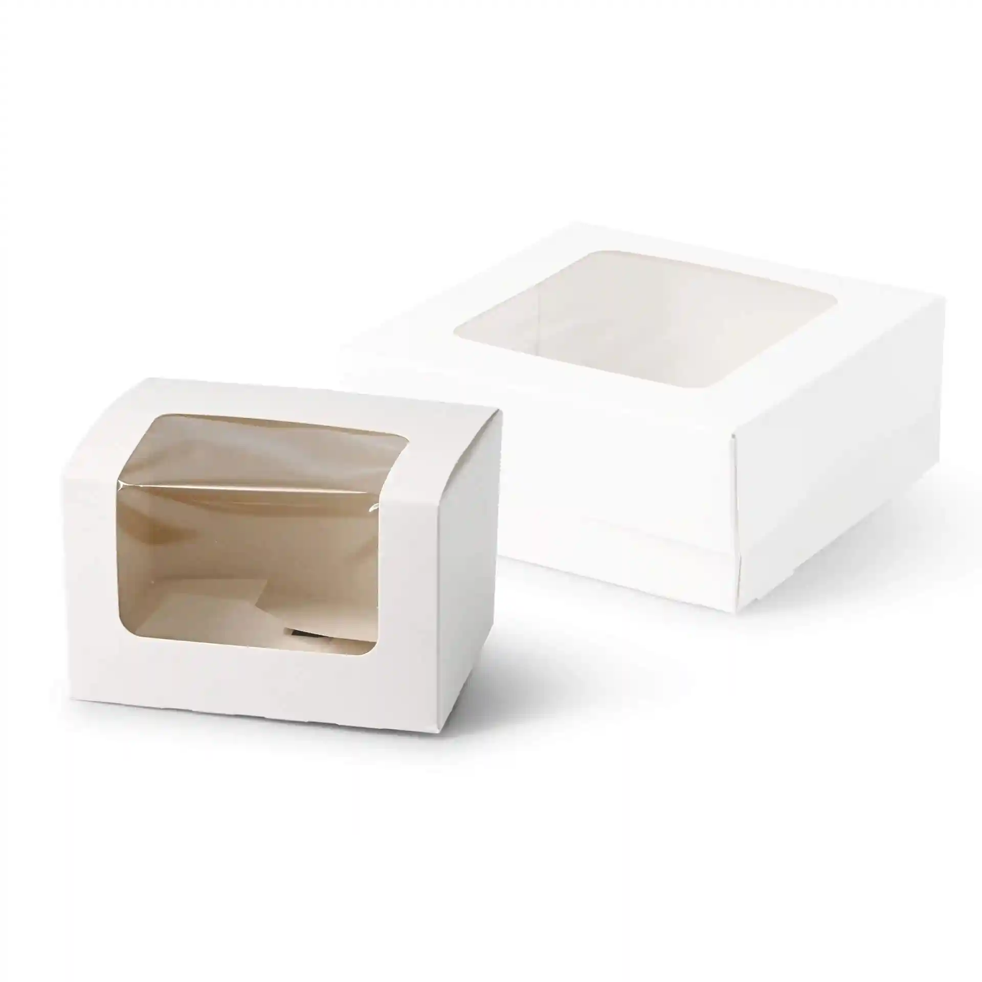 White pastry boxes with cellulose windows, measuring 13 x 11 x 8 cm, displayed in two sizes.