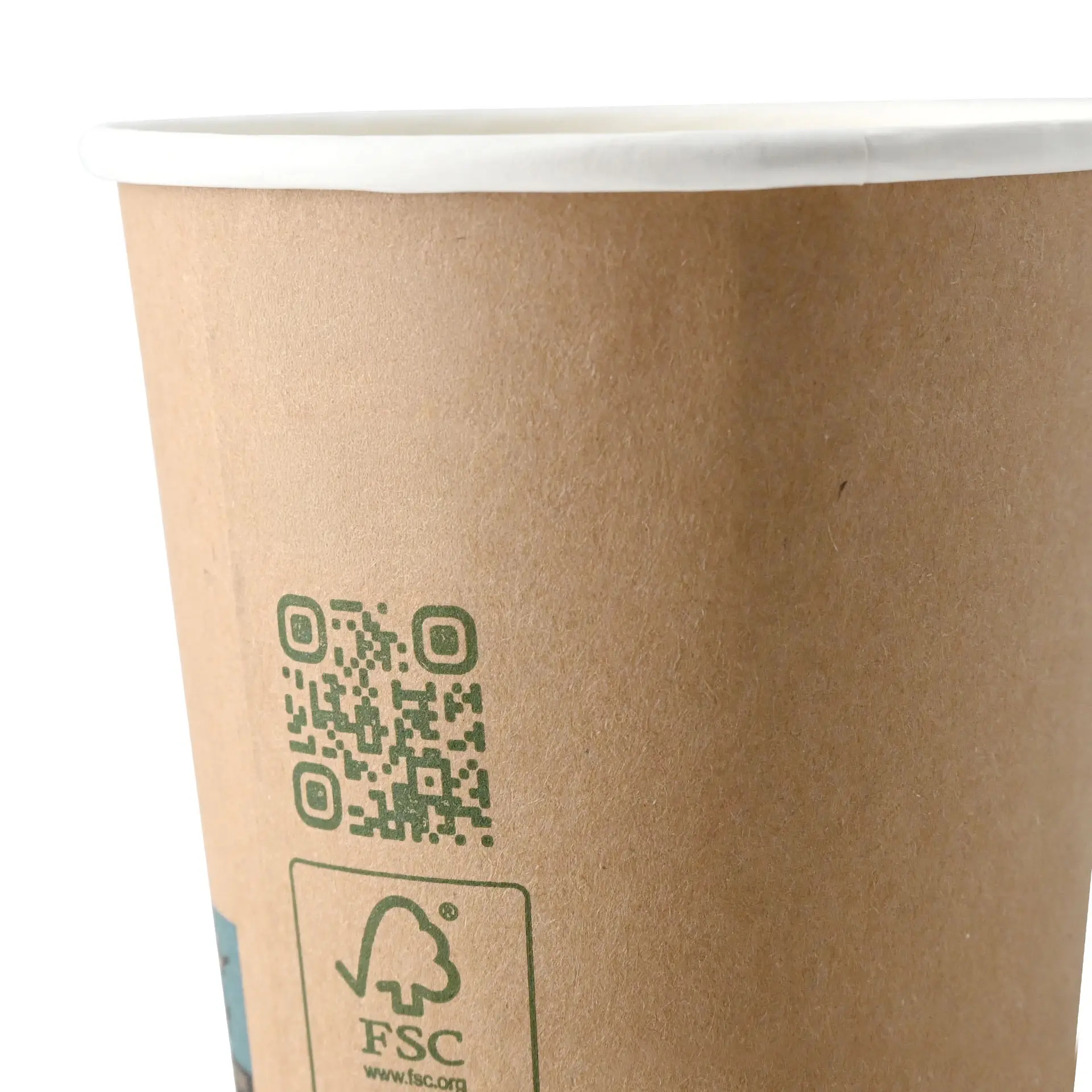 Brown double wall coffee cup with a white rim, featuring a QR code and a green symbol on the side.