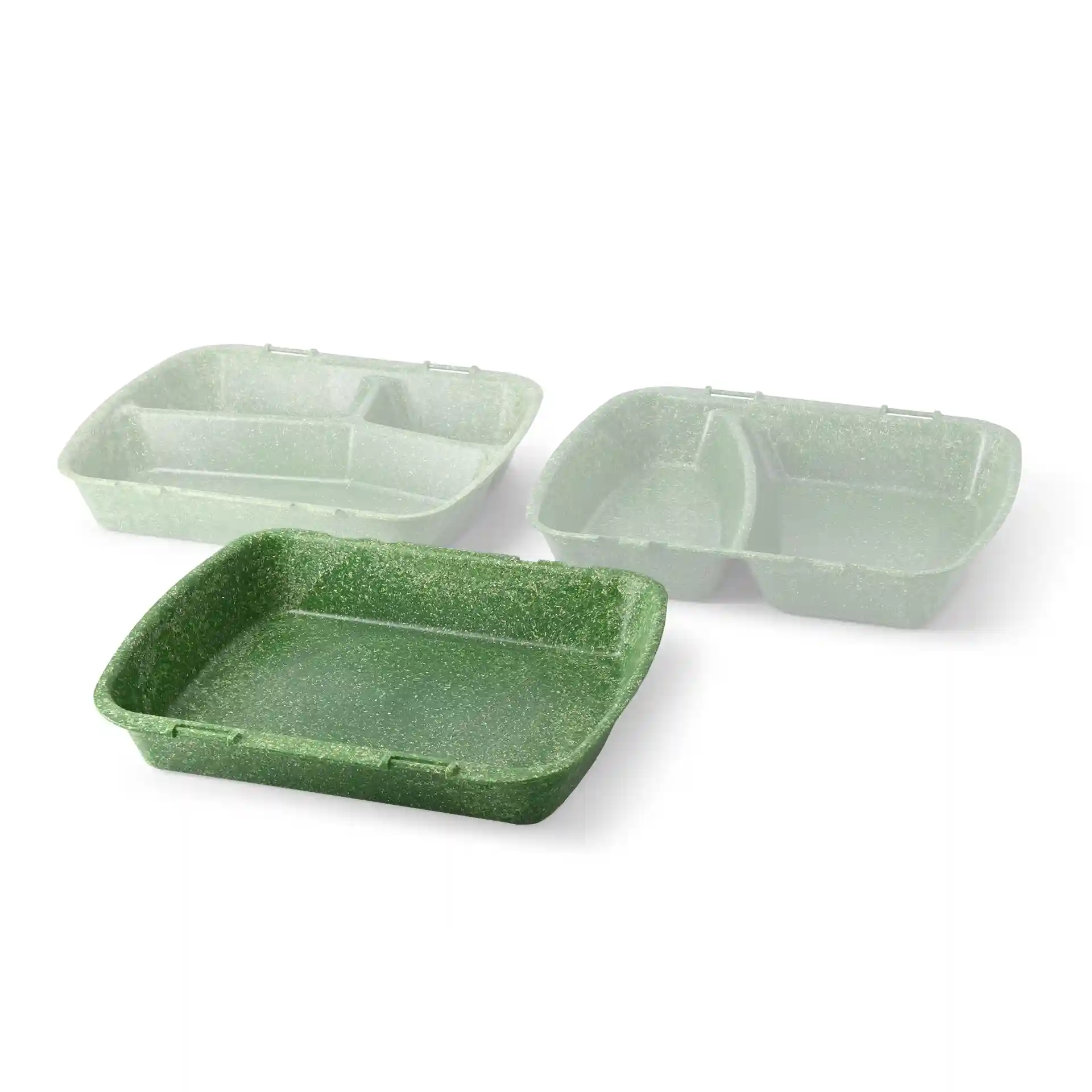 Three reusable menu containers in green, including one rectangular container and two with compartments.
