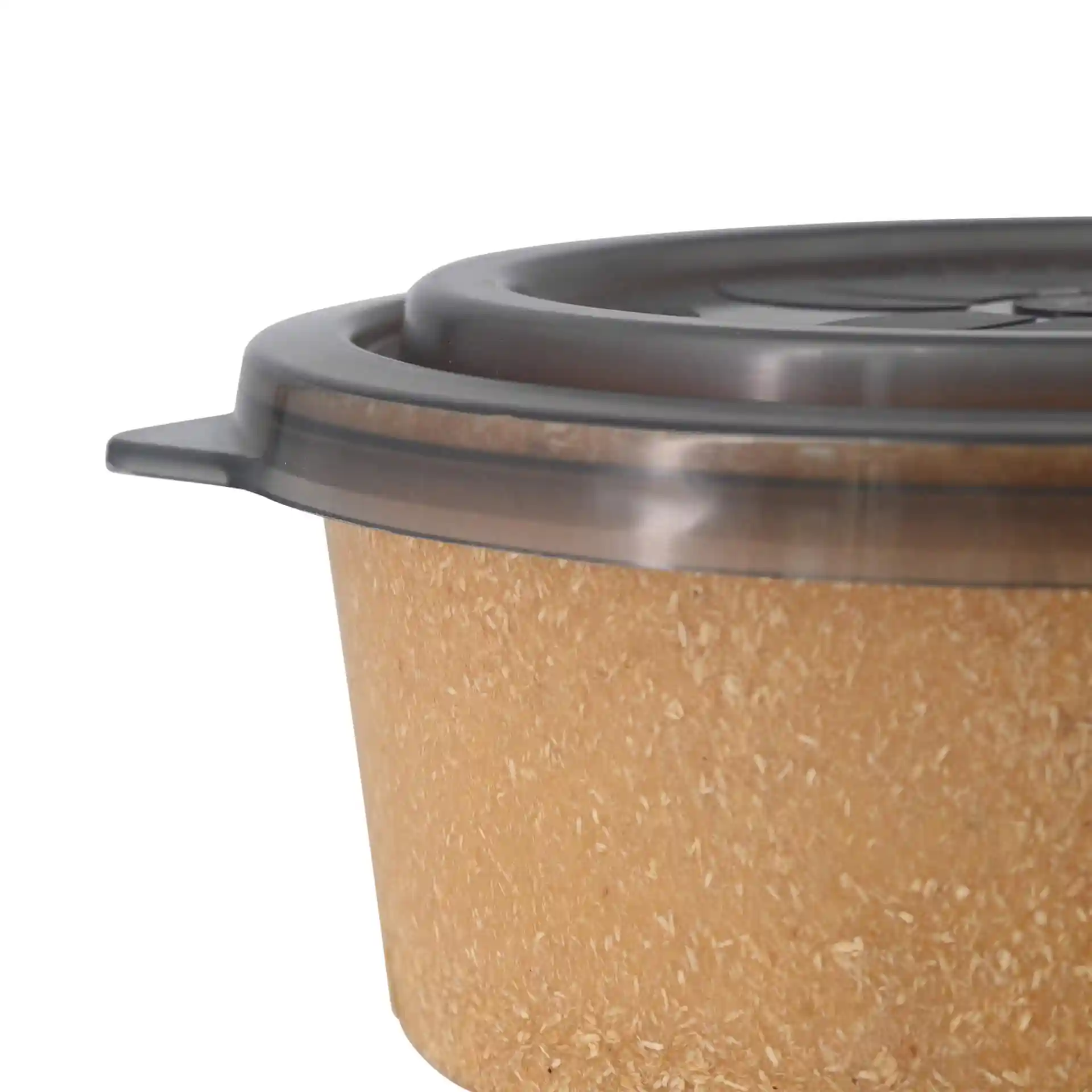 Round bowl with a textured beige exterior and a grey plastic lid, viewed from the side.