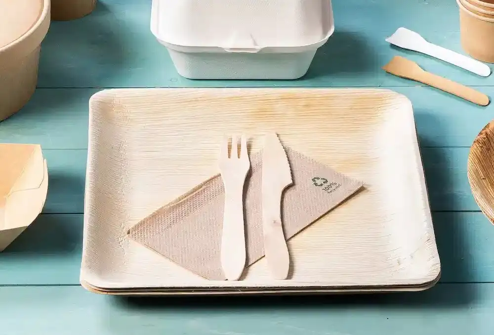 Rectangular disposable plate with a wooden fork and knife on a napkin, surrounded by various paper containers.