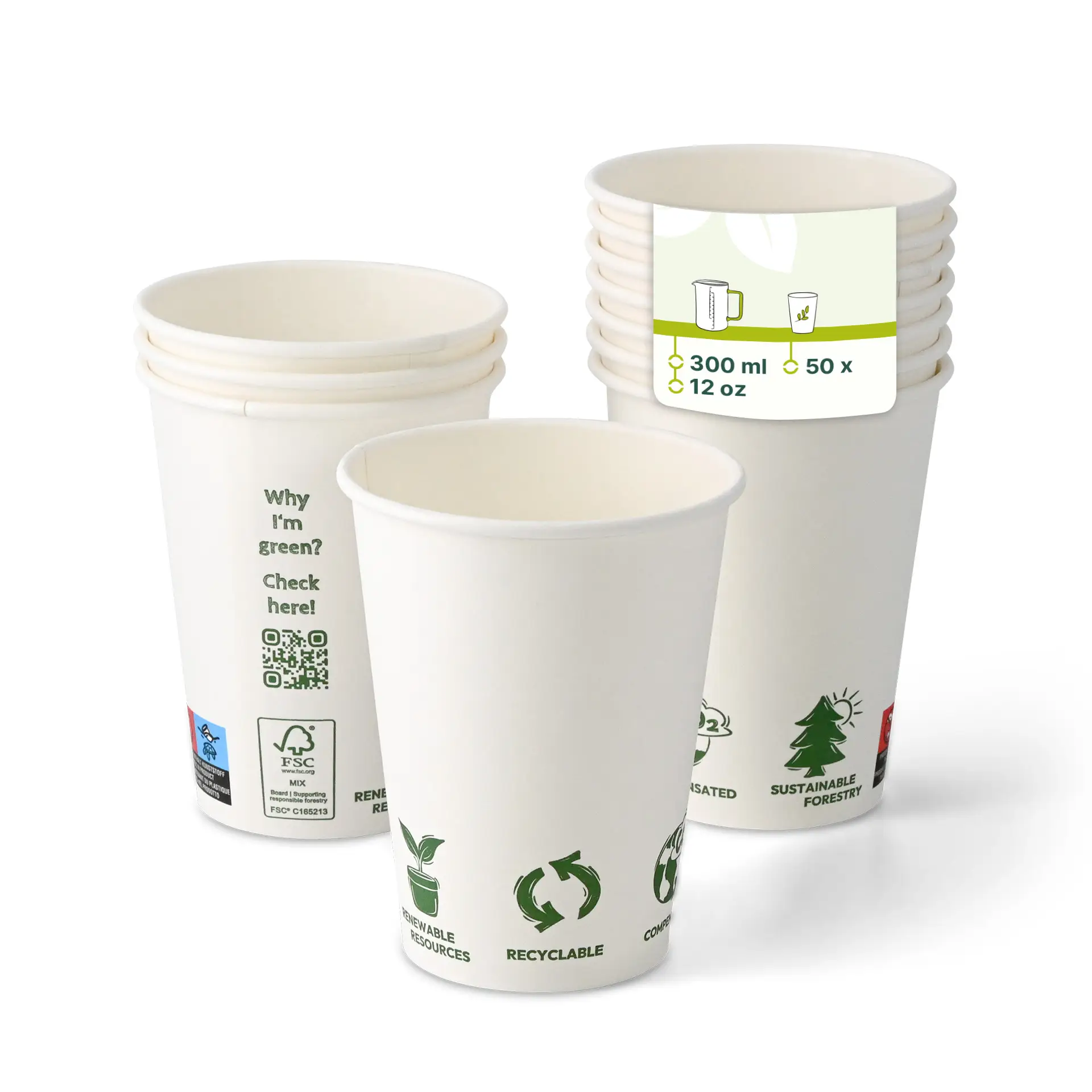 Paper cup 300 ml / 12 oz, Ø 90 mm, single wall, white, PLA-coated
