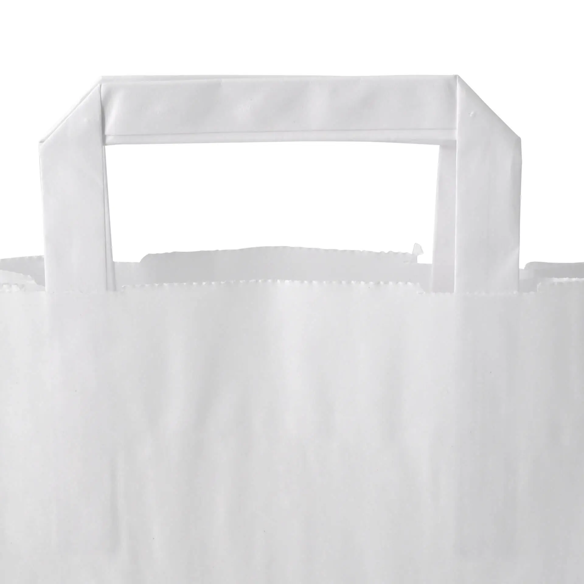 White paper carrier bag with a flat handle, tear-resistant and suitable for shopping, measuring 18 x 8 x 22 cm.