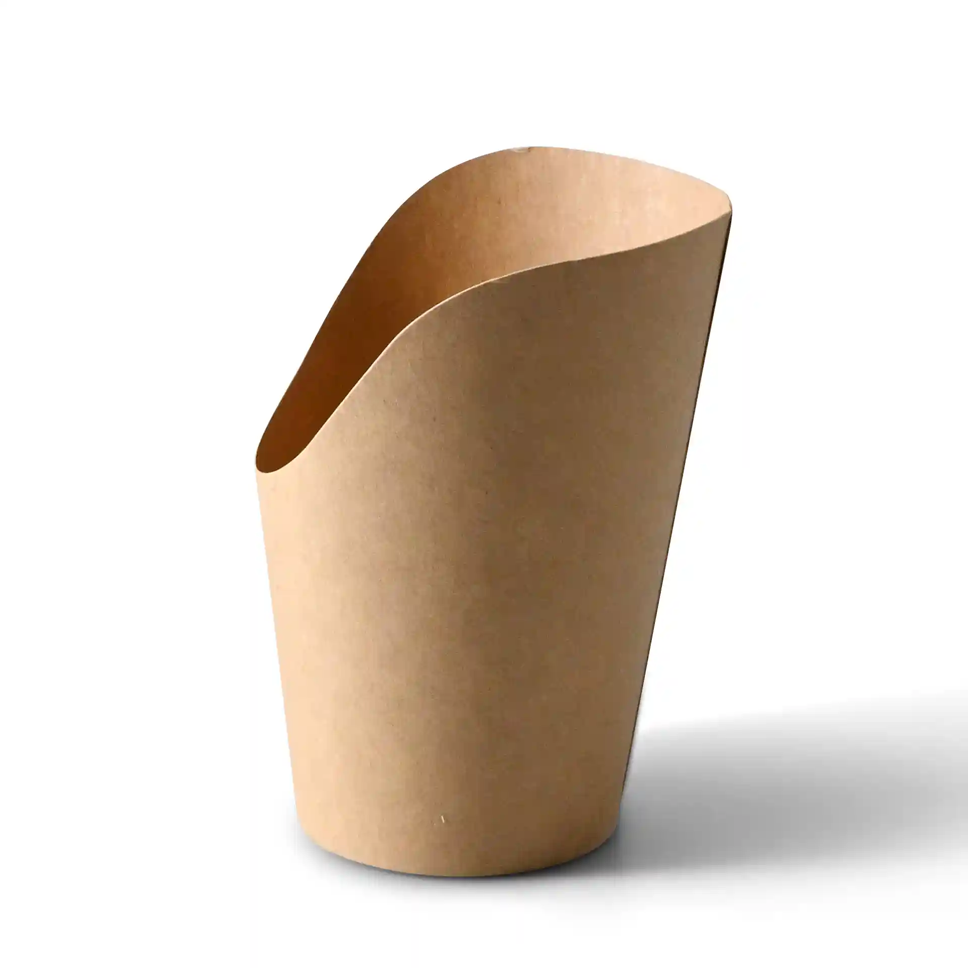 Brown cardboard wrap cup with an eco-friendly coating, 300 ml capacity, featuring a curved top edge.