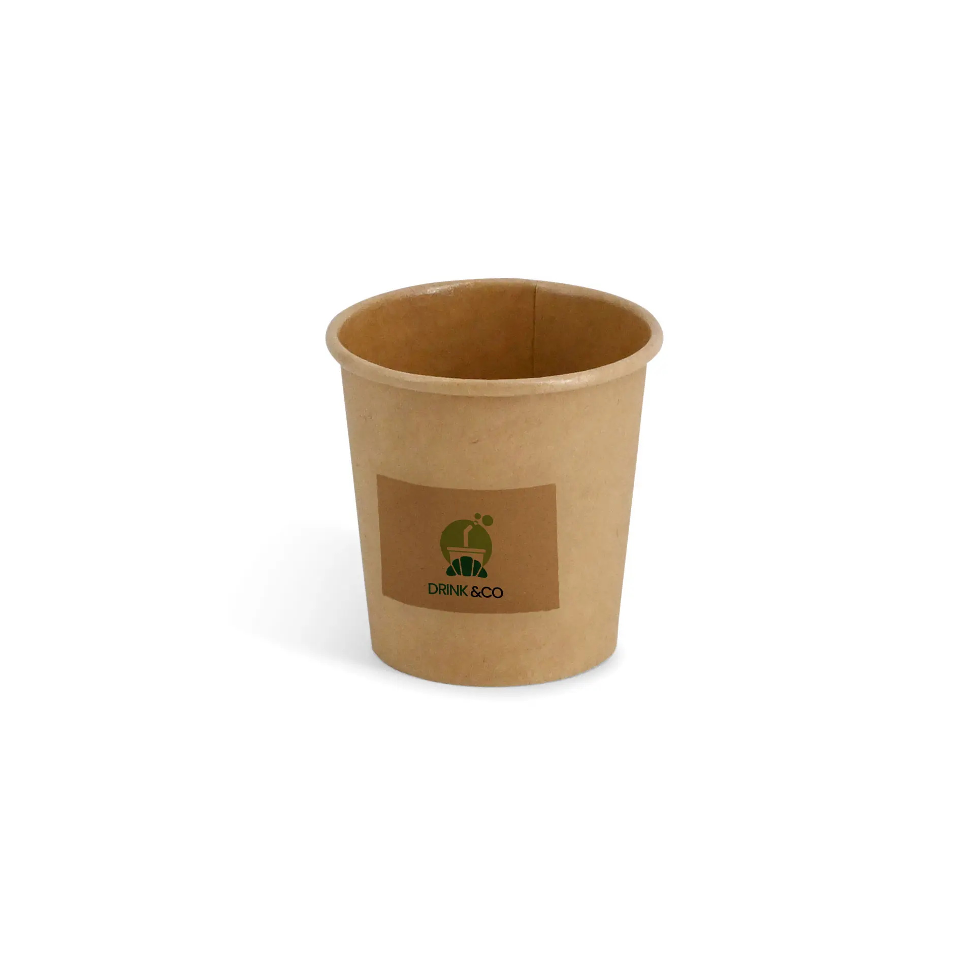 Brown kraft paper cup with a printed label featuring a logo, suitable for take-away and events.